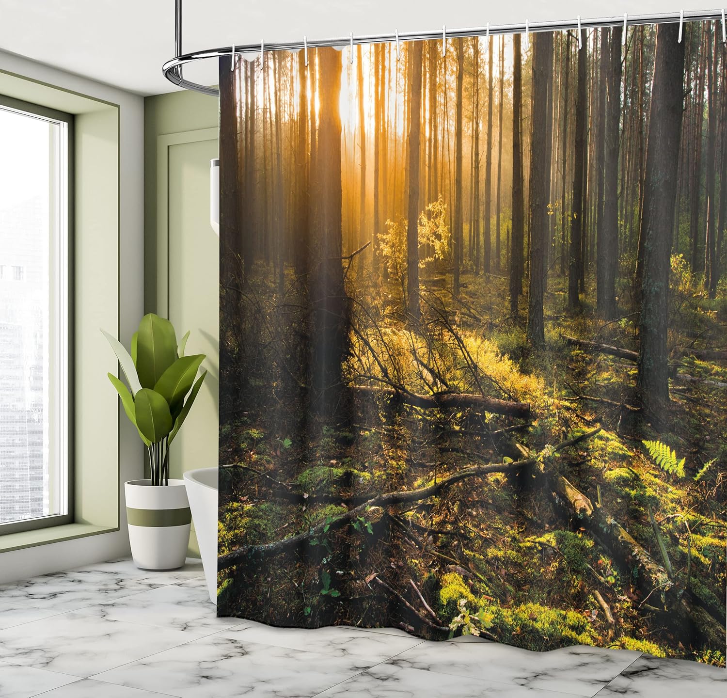 Ambesonne Nature Shower Curtain, Misty Morning in The Forest with Sun Rays Mother Earth Foliage Dawn Picture, Cloth Fabric Bathroom Decor Set with Hooks, 69" W x 70" L, Fern Green