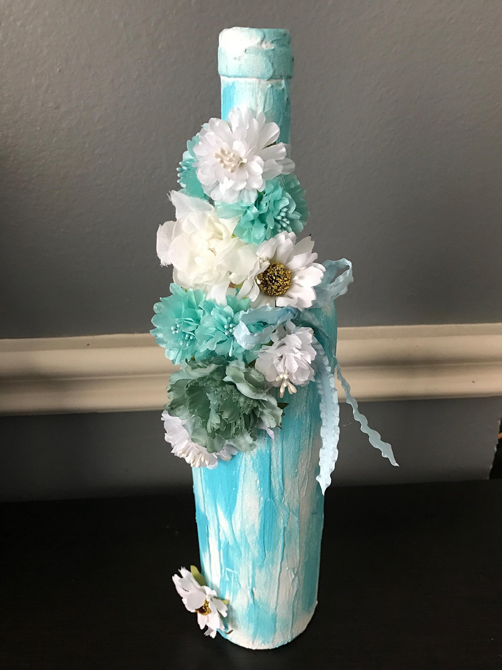 Wine Bottles.Glass Bottles.Decorated Bottles.Decoupage Bottles.Home Decor.Centerpieces.Vases. Craft Bottles.Art.Yarn Bottles.Displays.Handmade.Decorations.Flower Bottles.Table Display.Mixed Media Art.