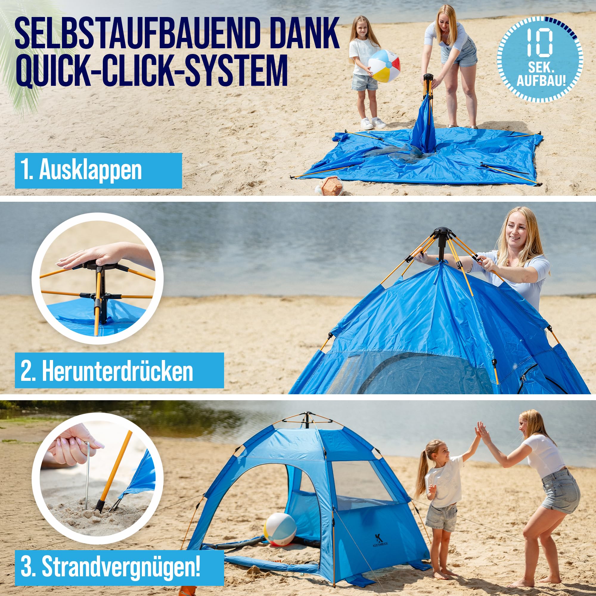 Strandmuschel für 2 Personen – UV-Schutz 50+ & abnehmbarer Boden | Quick-Up System für 10 Sek. Aufbau | Windstabil inkl. Sandtaschen, Seile, Heringe & Tragetasche, Blau