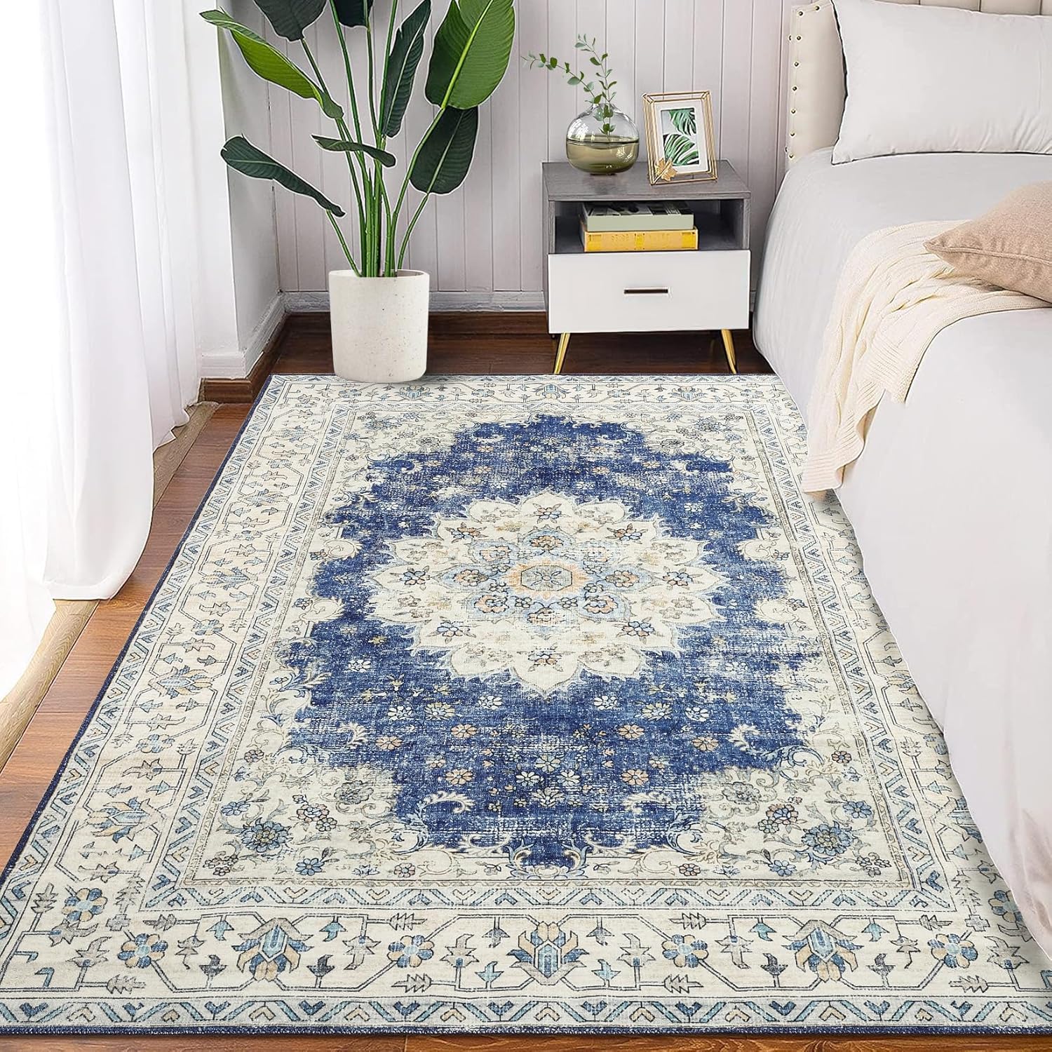 Vintage Area Rugs, Boho Traditional Washable Rug Floral Print Carpet, Low Pile Non-Slip Rubber Backing Foldable Mat for Bedroom Dining Room Office Living Room, Blue, 2x3