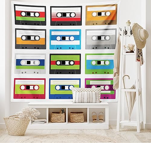 Miniatura 2 de Ambesonne Tapiz de los años 90, composición de cintas de audio de plástico retro, tema de entretenimiento de tecnología antigua, colgante de pared