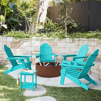 LUE BONA Folding Adirondack Chair Set of 2, HDPS Weather Resistant Outdoor Patio Chair for Balcony Garden, 350lbs Heavy Duty, One-Step No-Pin Folding, Wood Grain Texture, Fire Pit Seating, Aruba Blue