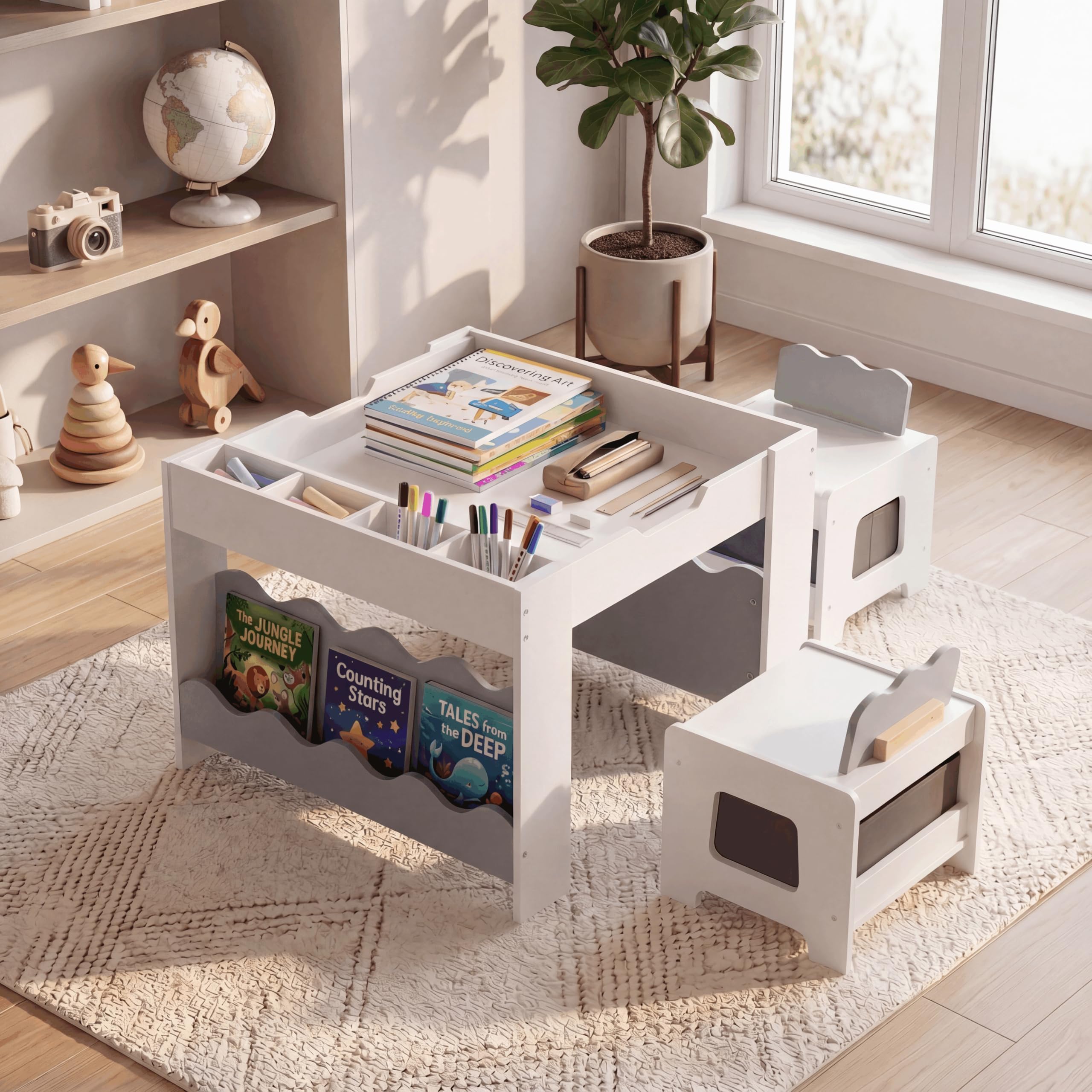 LIFEZEAL Mesa Infantil con Silla y Pizarra Negra (Gris) | Bandeja Doble Cara, Cajones y Estantes, Juego Educativo con Almacenamiento, para Niños 3 Años