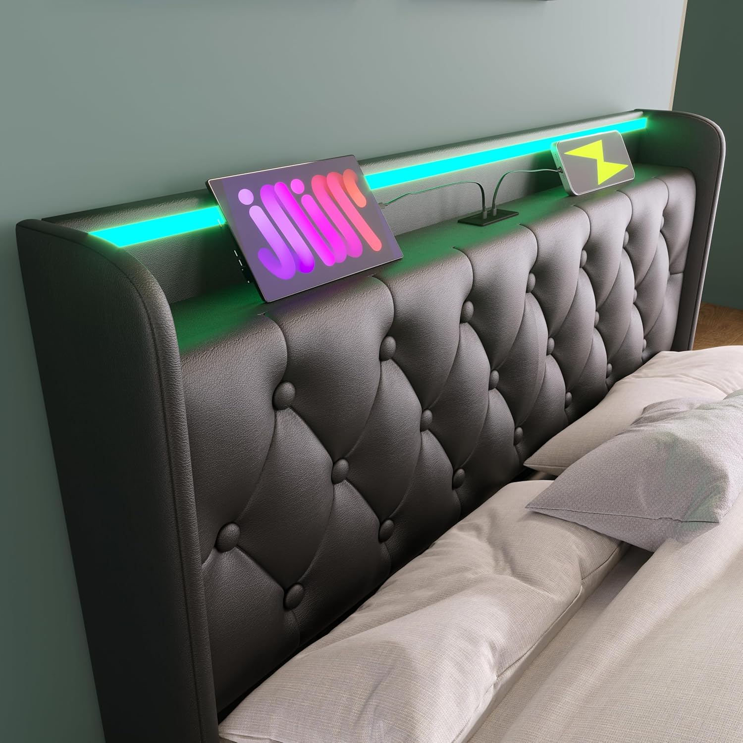 Queen Size Lift Up Storage Bed Frame with LED Light, Charging Station and Headboard, Upholstered Queen Size Platfom Bed Frame with Hydraulic Storage for Child and Adults, Black