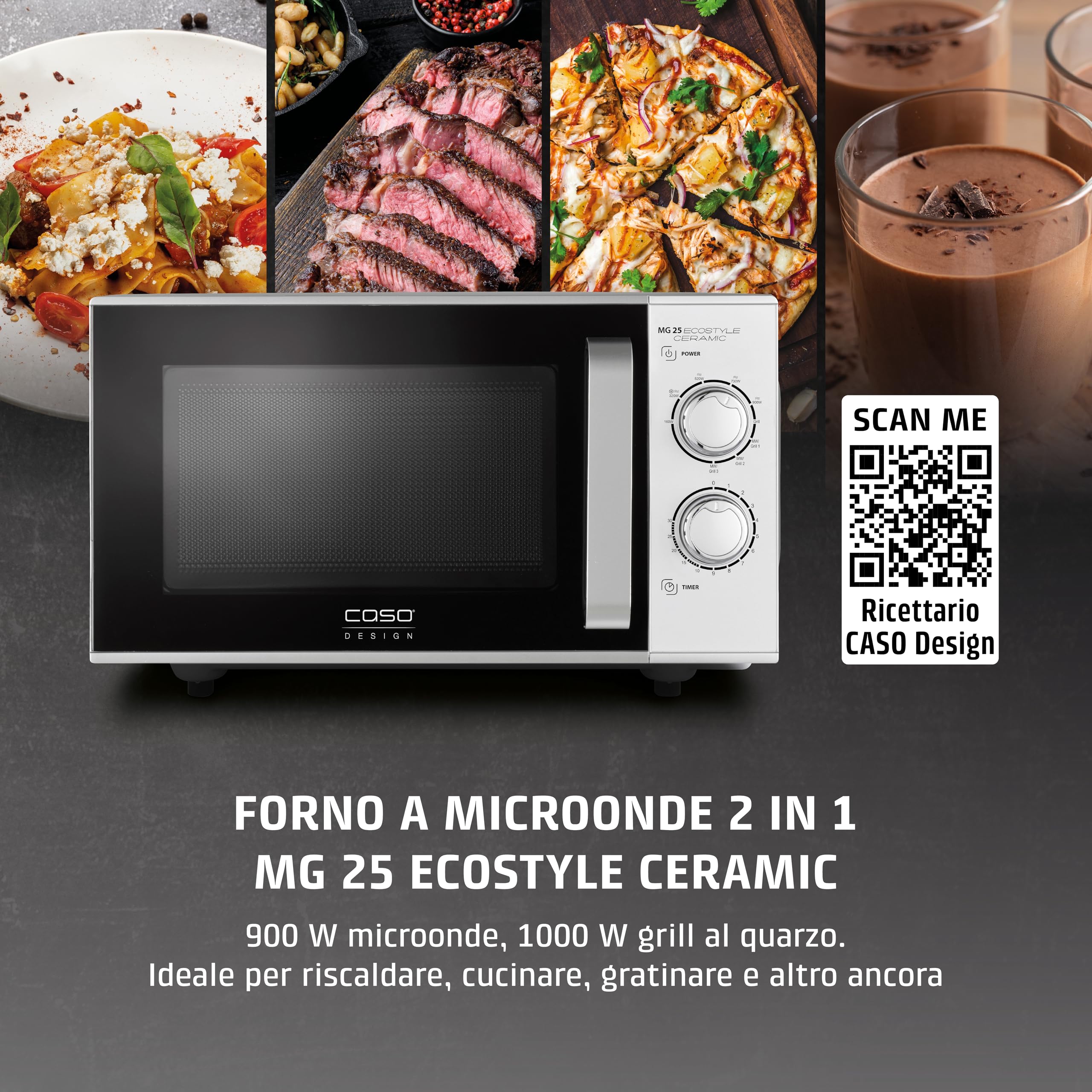 CASO MG 25 Ecostyle Ceramic - Forno a Microonde 2 in 1 senza piatto girevole con grill da 1000W - Capacità 25L - Timer fino a 30 minuti - grande - argento