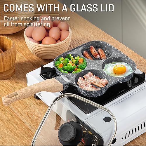Miniatura 2 de MyLifeUNIT Sartén para huevos de 4 tazas con tapa, olla antiadherente de aleación de aluminio para desayuno, panqueques, hamburguesas, sándwiches,