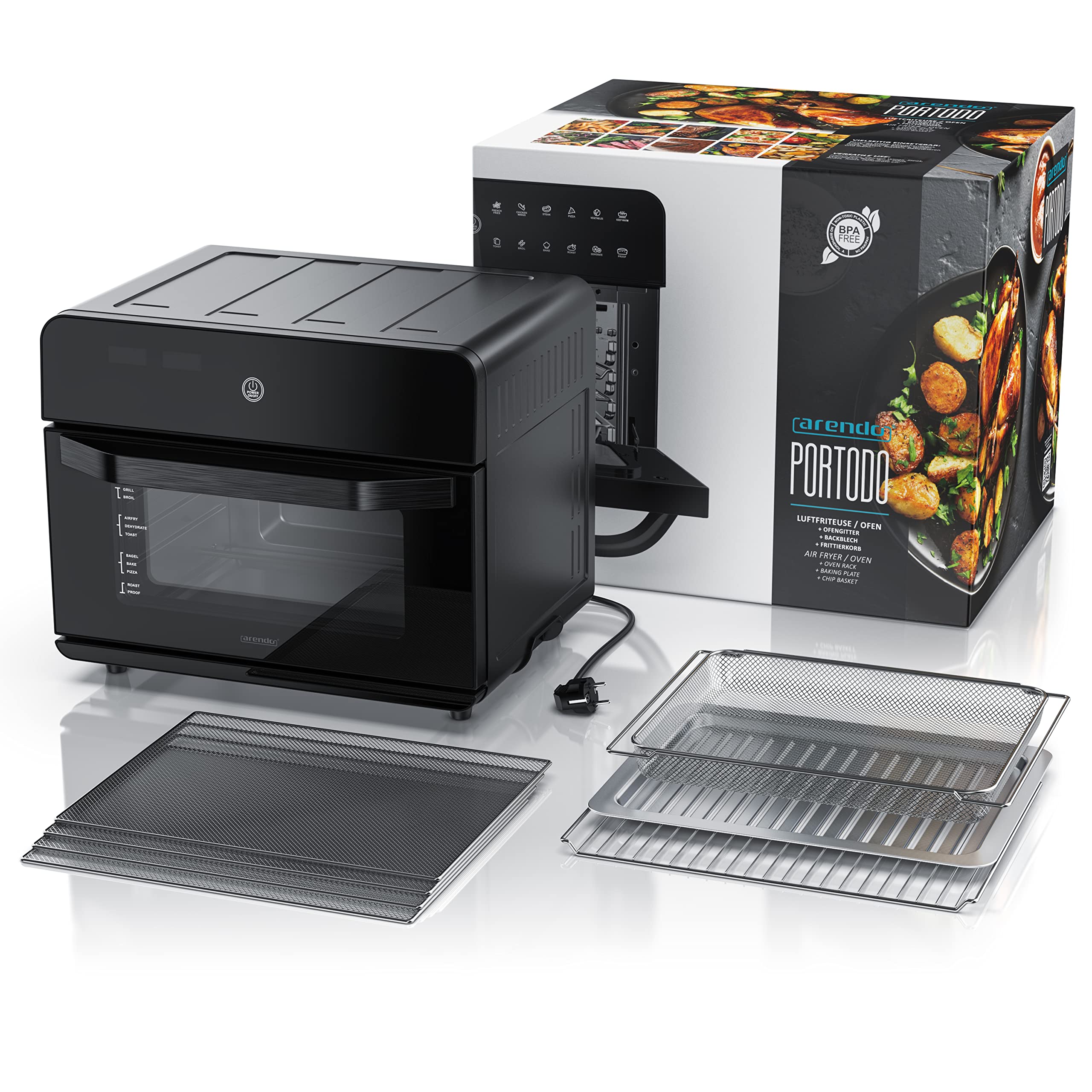 Arendo - Heißluftfritteuse 25 Liter Edelstahl - Multifunktionsofen - mini Backofen - Aerofryer - 1800 Watt - Inkl. Backblech, Dörrblech, Ofenrost, Frittierkorb - BPA-frei