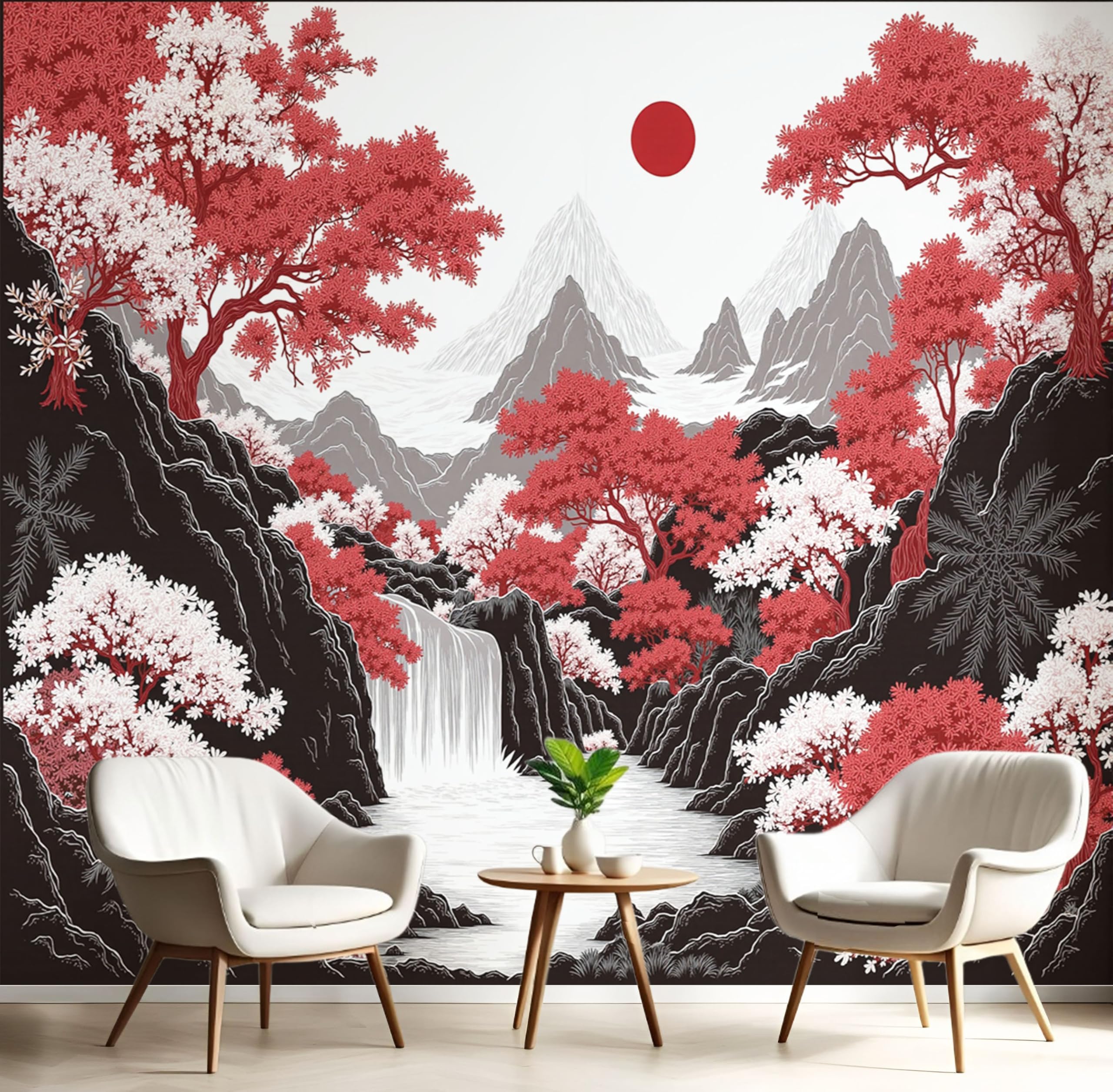Papier peint montagne japonaise rouge et blanc : créez un salon zen au paysage naturel
