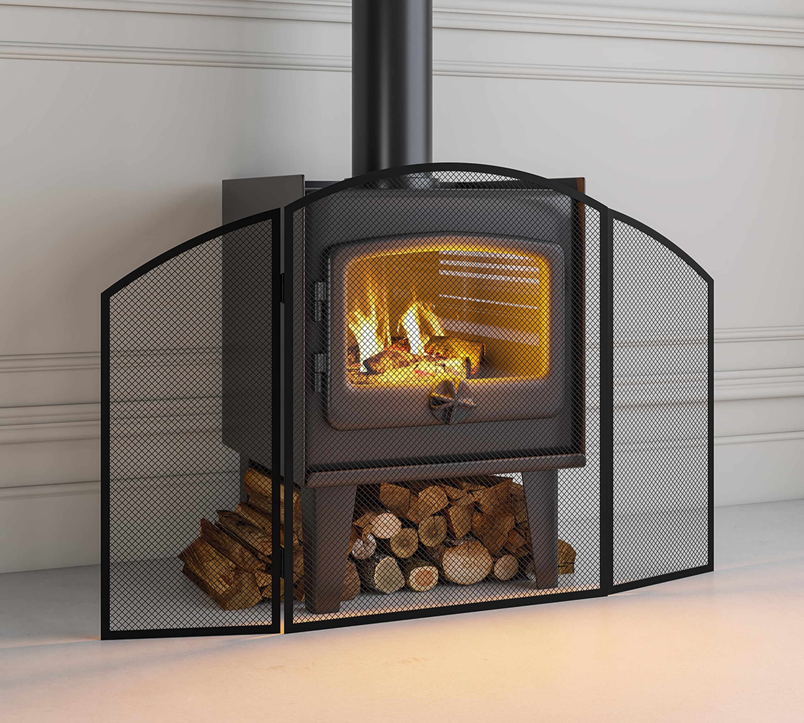 Pare-étincelles 3 panneaux fer plat 96,5 cm x 61 cm revêtement poudre noire cheminée