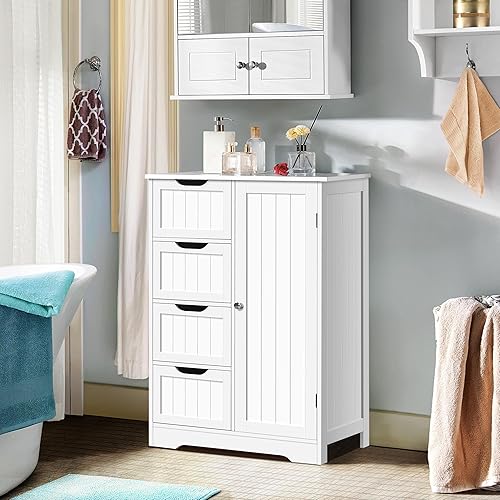 Miniatura 2 de Topeakmart Armario de almacenamiento de baño independiente con 4 cajones y un armario de puerta para sala de estar o pasillo, color blanco