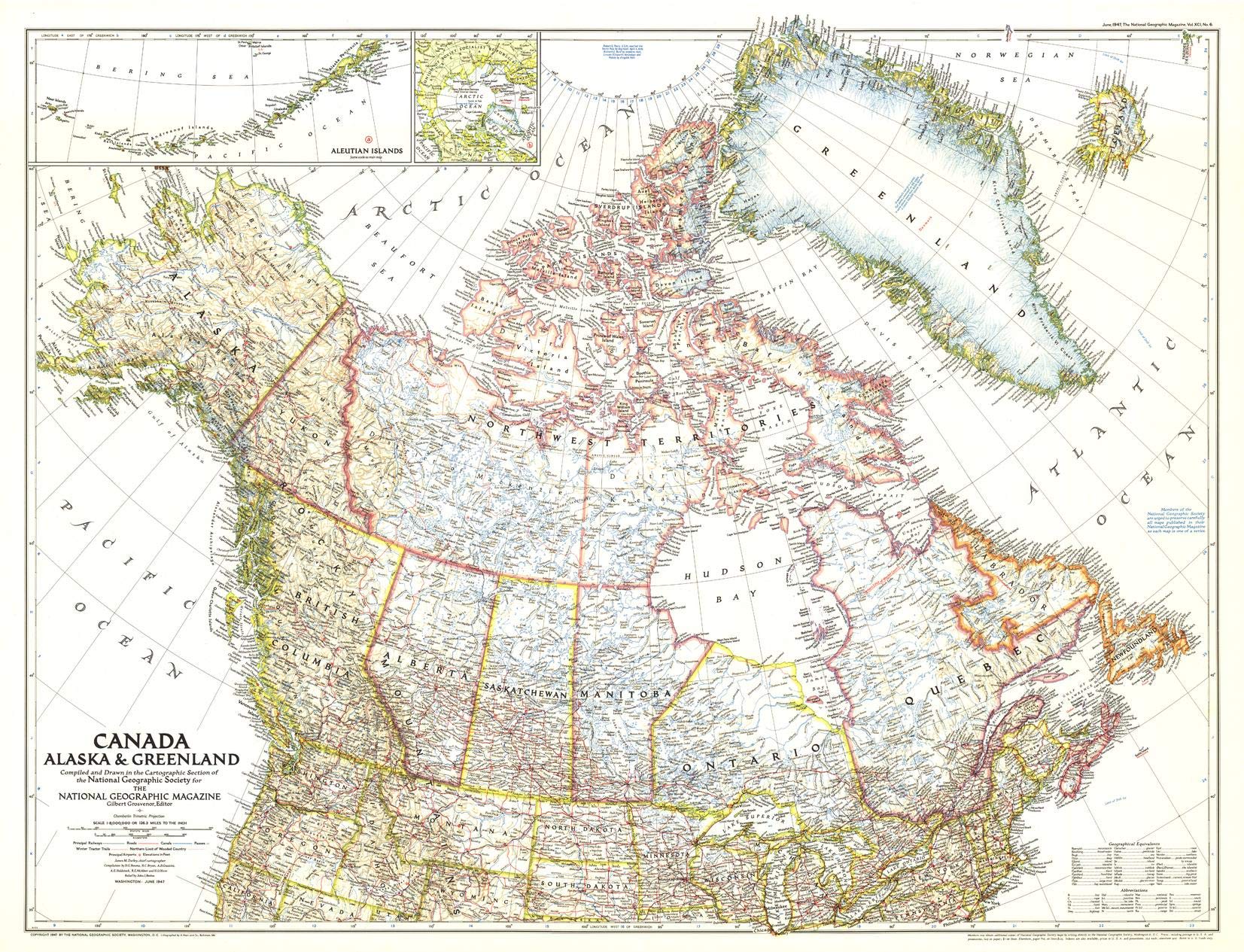 National Geographic: Canada, Alaska and Greenland 1947 - Historic Wall Map Series - 34.5 x 26.5 inches - Laminated