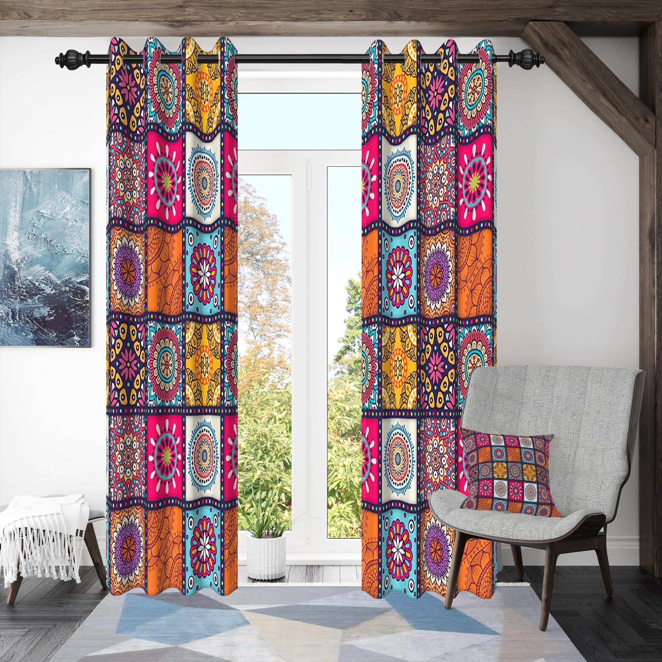 ggaimwf 53"x 90" Boho Patchwork Eyelet Curtain Multicolor Mandala Abstract Pattern Moroccan Pattern Insulated Thermal Grommet Blackout Window Drapes for Bedroom Living Room Kitchen,2 Panels