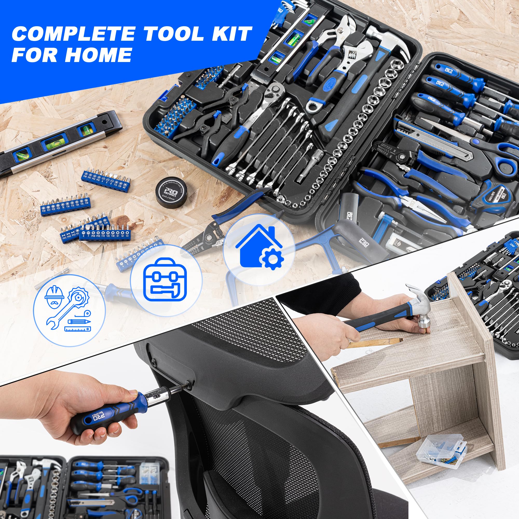 Prostormer 259-Piece Tool Kit, General Household Hand Tool Set with Plastic Storage Toolbox, Portable Complete Repair Tool Box for Home and Car (Blue)