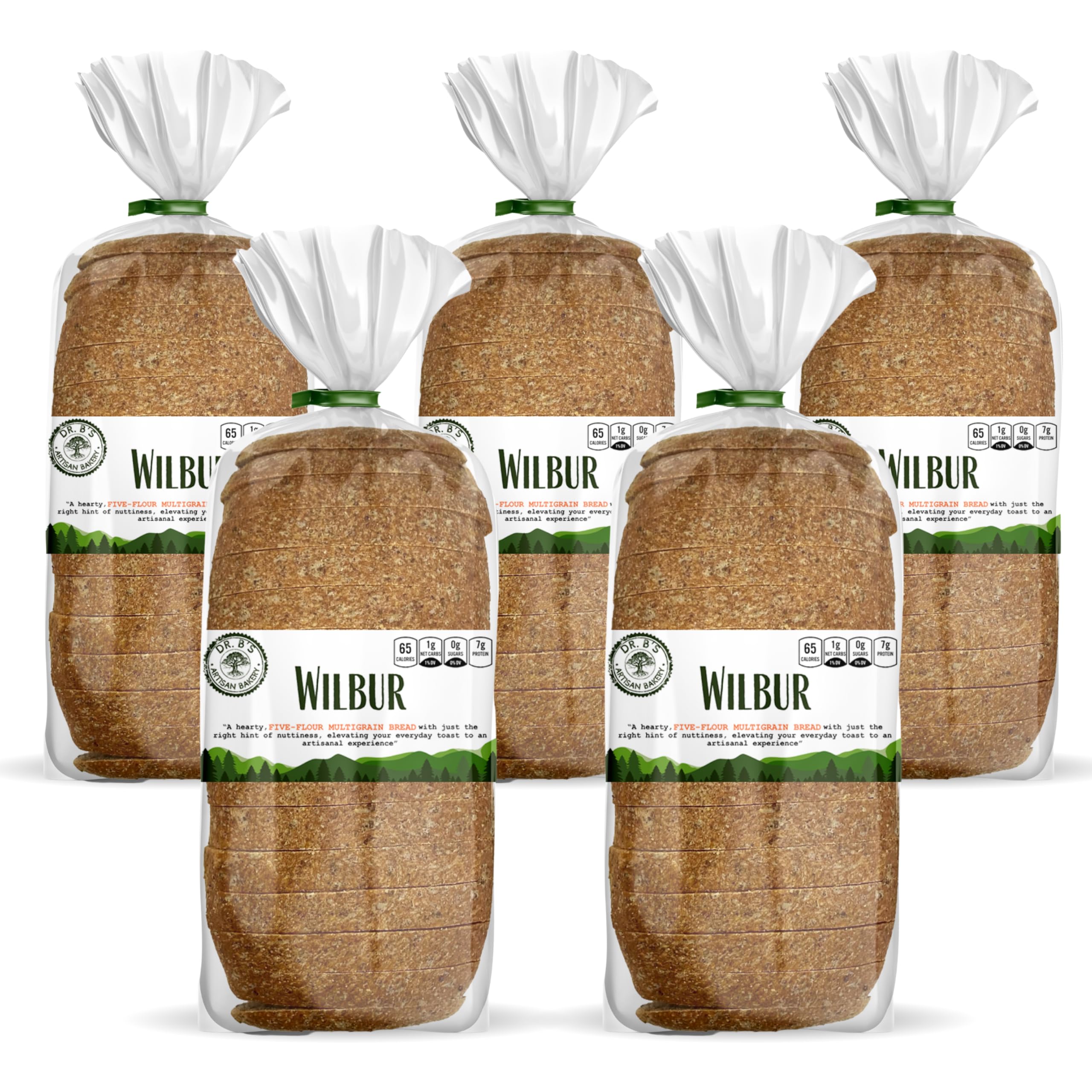 Dr. B's Wilbur Five Flour Multigrain Bread | 1g Net Carbs & 7g Protein | Low Calorie, Vegan, Sugar Free | Fresh, Sliced, Keto & Low Carb Bread Loaf (5 Pack (16 oz), Plain)