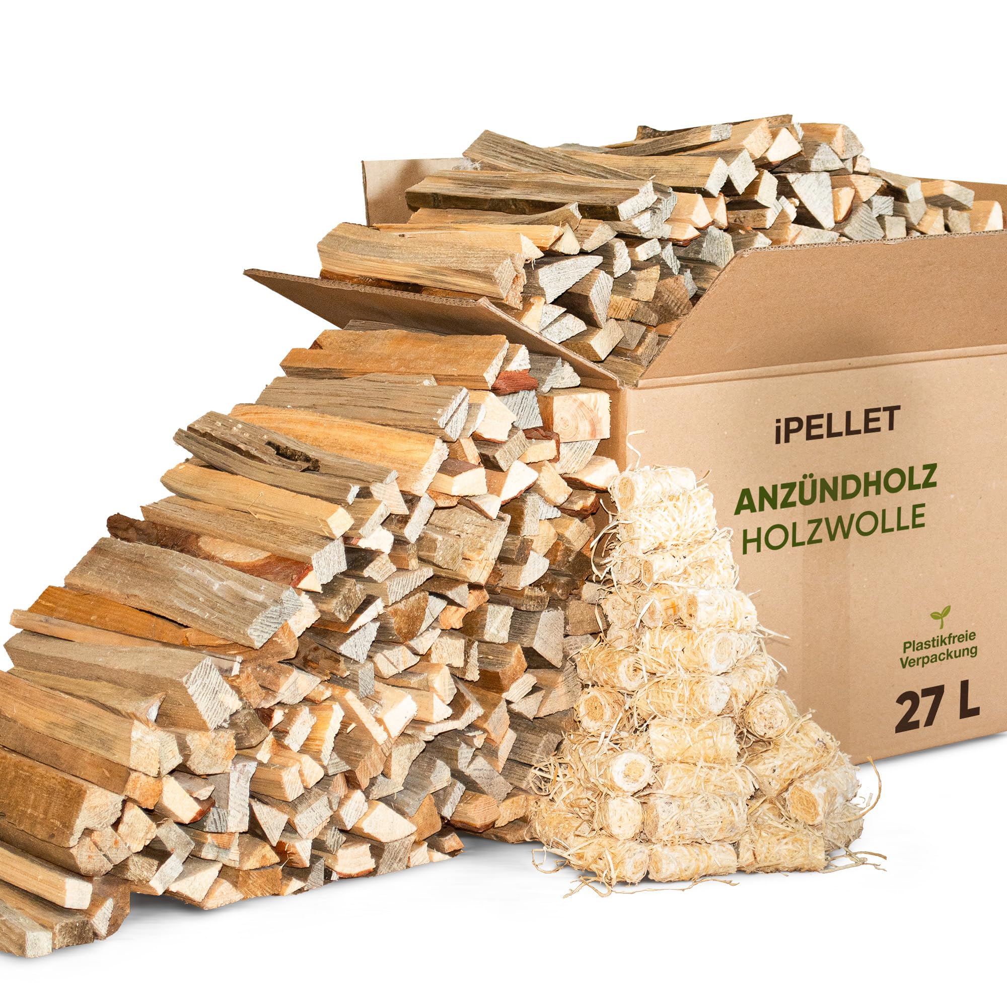 Anzündholz aus Kiefer, 27 L Box (ca. 7 kg) mit Holzwolle-Anzündern | Naturprodukt, Kaminanzünder für Ofen, Grill & Feuerstelle
