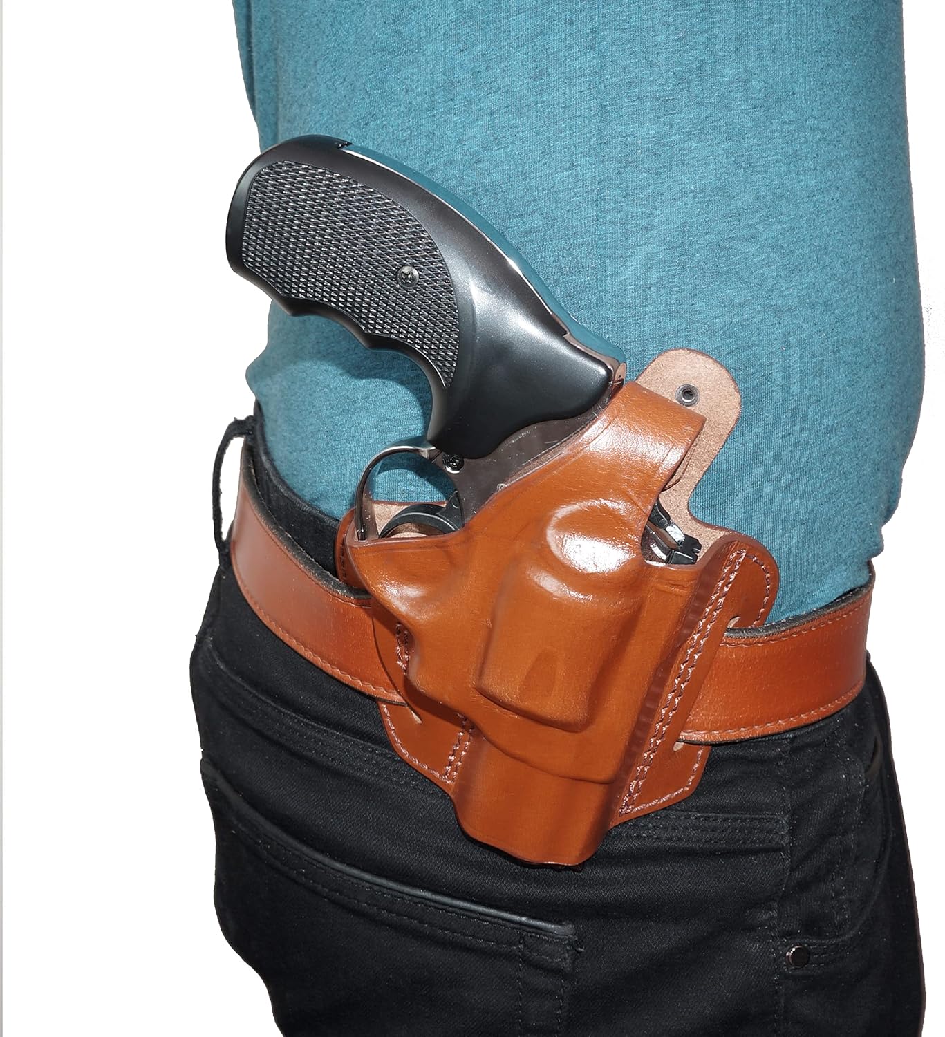 Genuine Leather 2 Slot Pancake Holster for Smith & Wesson .357 Magnum .45 .38 Cal K Frame 6-7 Shot Revolver, Adjustable Snap Right Hand Open-End Holster