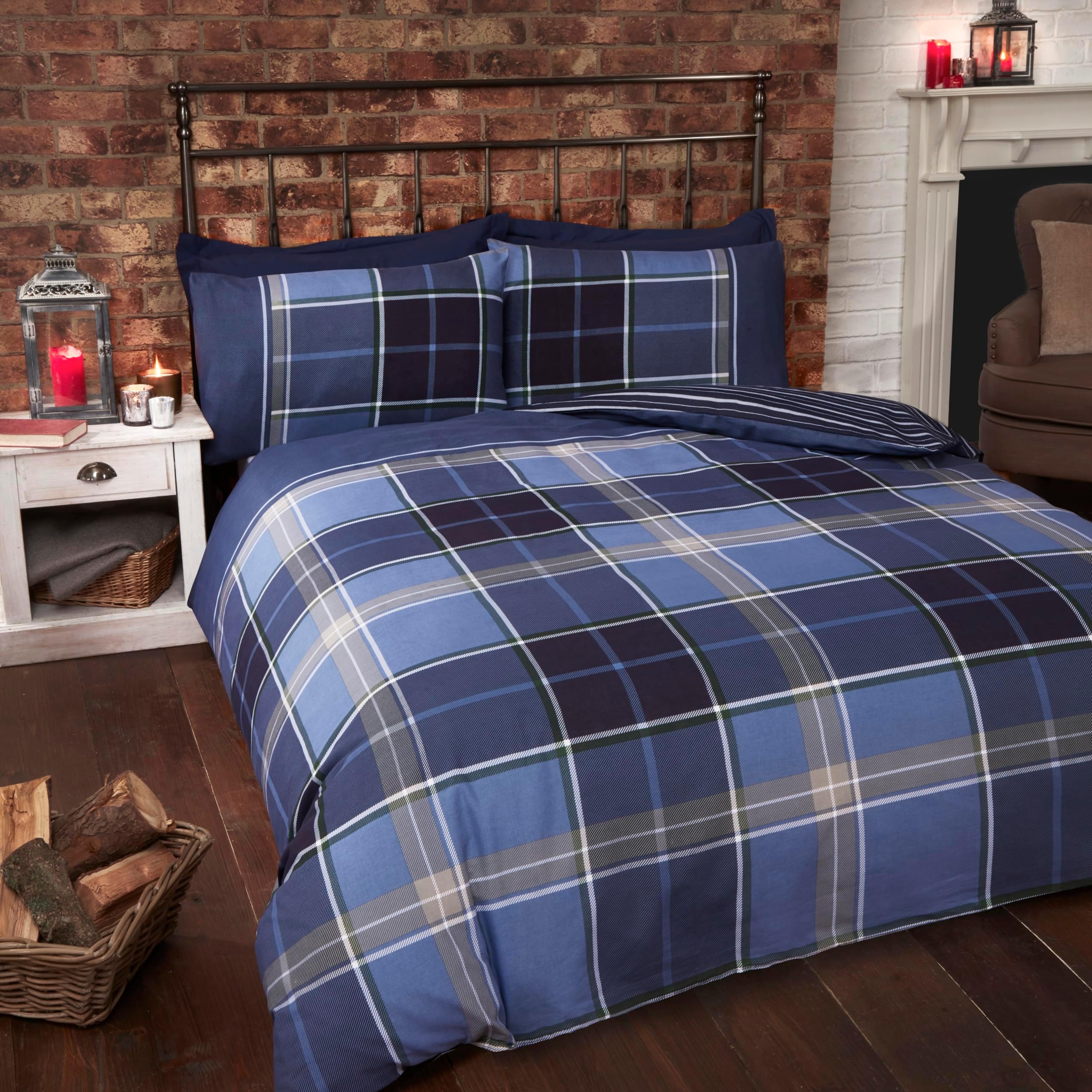 Argyle King Size Quilt Duvet Cover and 2 Pillowcase Reversible Bedding Bed Set, Tartan Check - Blue