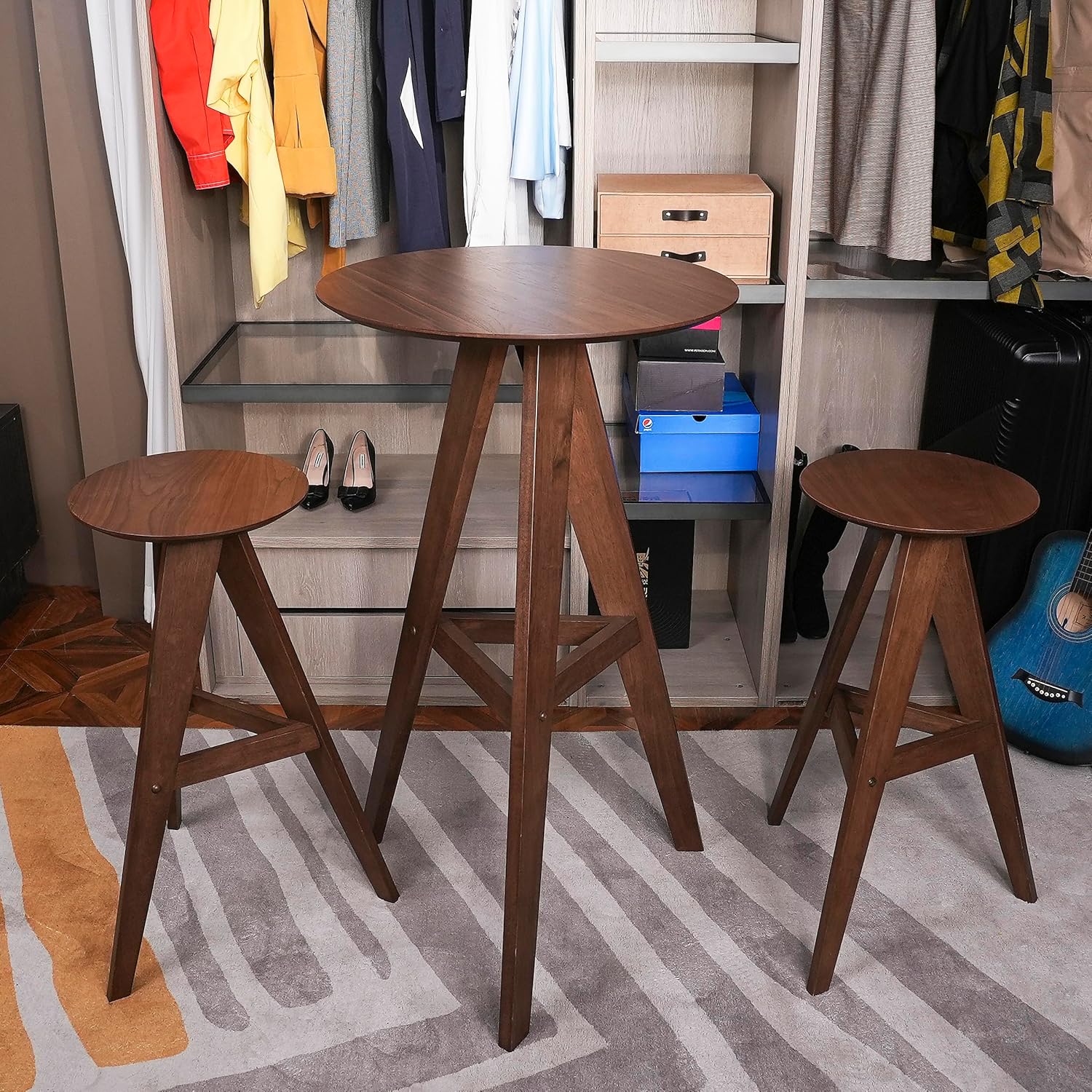 CONSDAN Wood Bar Stools Set of 2, High Round Pub Chairs with Solid Wood Walnut Seat, Tall Bar Height Bistro Stools, Sturdy and Comfortable for Kitchen, Dining Room, or Home Bar, Modern Design