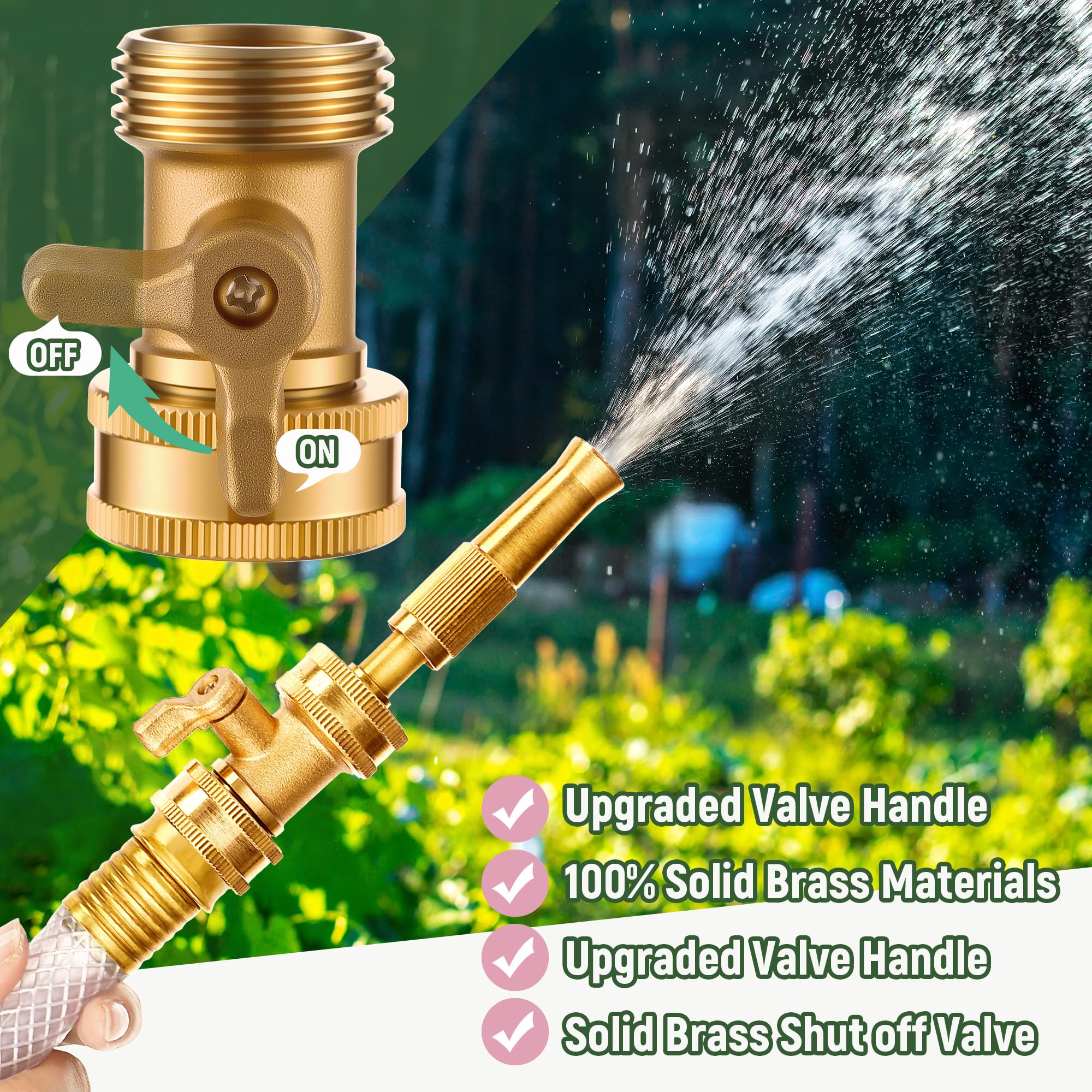 Boquilla de manguera giratoria ajustable, boquilla de manguera de jardín de latón resistente, válvula de cierre sólida, modo de regulación de agua variado, diseño a prueba de fugas, conector