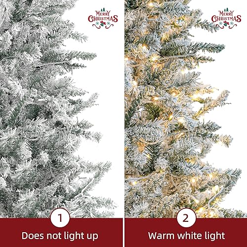 Miniatura 8 de Árbol de Navidad flocado de 6 pies, diseño de nieve artificial preiluminado, árbol de pino 270 blanco cálido y luces LED cambiantes de color, luces