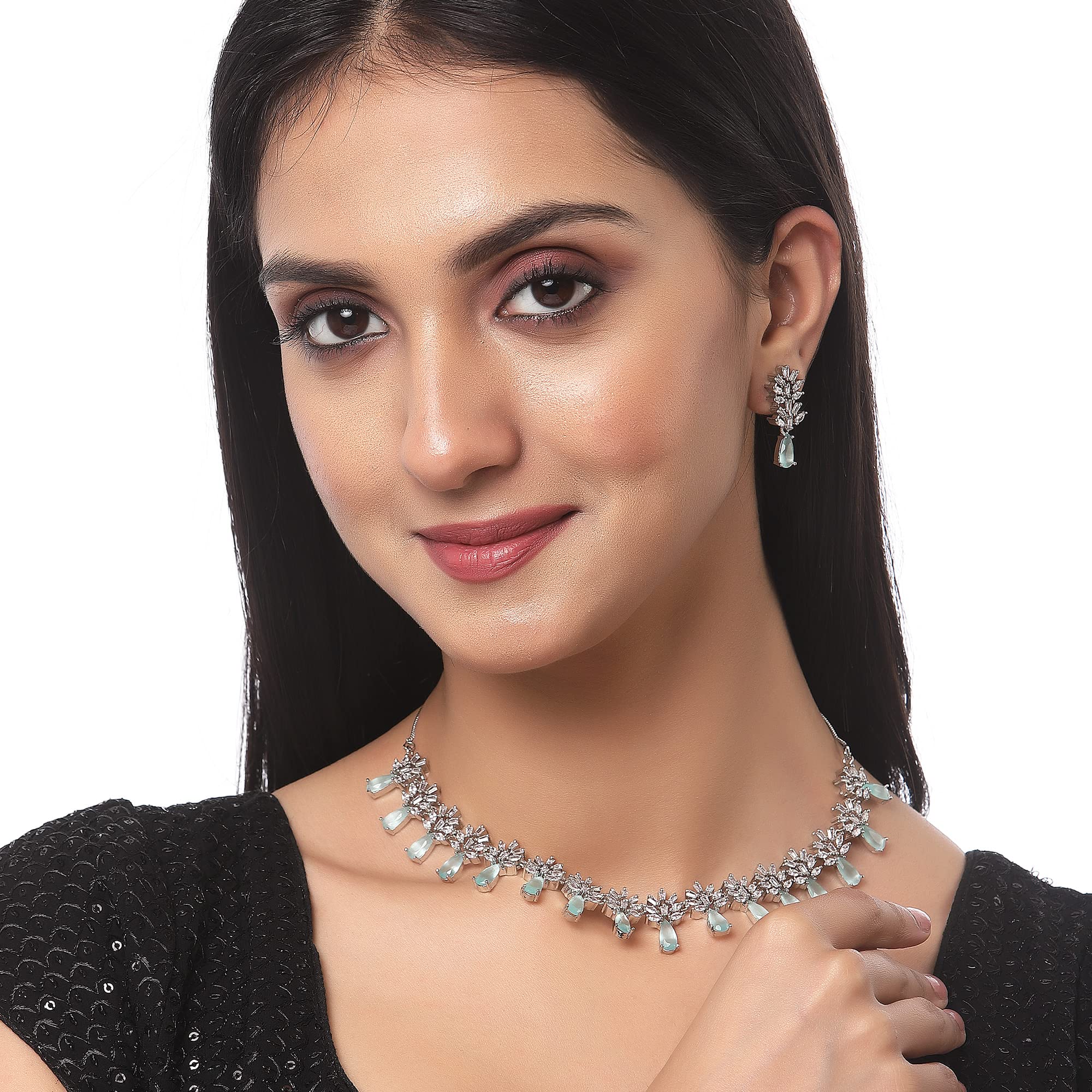 American Diamond Necklace Earrings Set, Rhodium-Plated