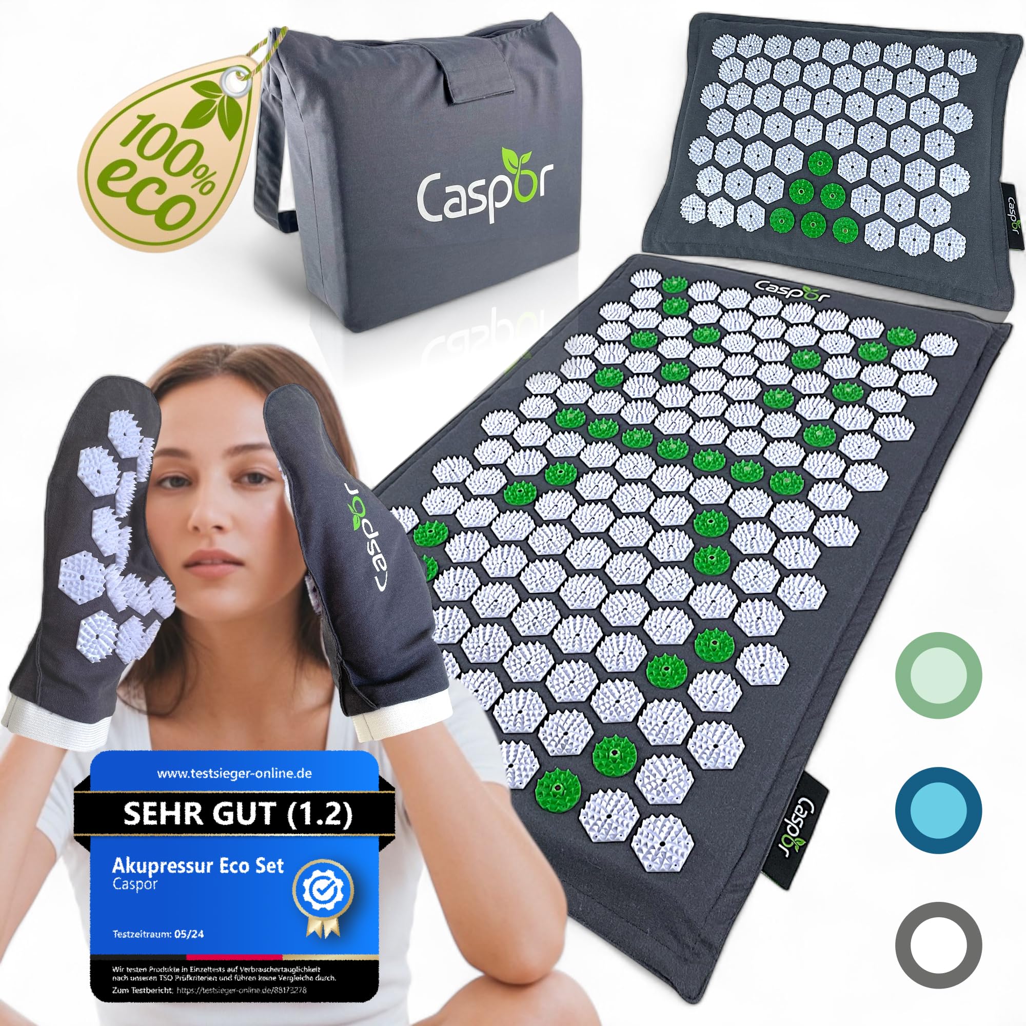 Akupressur Eco Set - Esterilla de acupresión con cojín, bolsa, guantes de masaje de lino 100% con fibras de coco, ganador de pruebas mate 05/24 para el dolor de espalda Caspor®