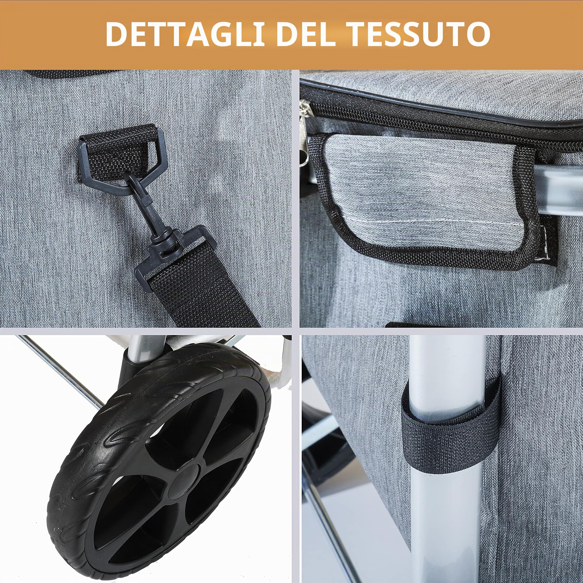 Ribelli Trolley per la spesa, telaio in alluminio, pieghevole, tasche laterali, grande tasca con cerniera e borsa per il ghiaccio, utilizzabile come borsa per il trasporto, fino a 45 kg