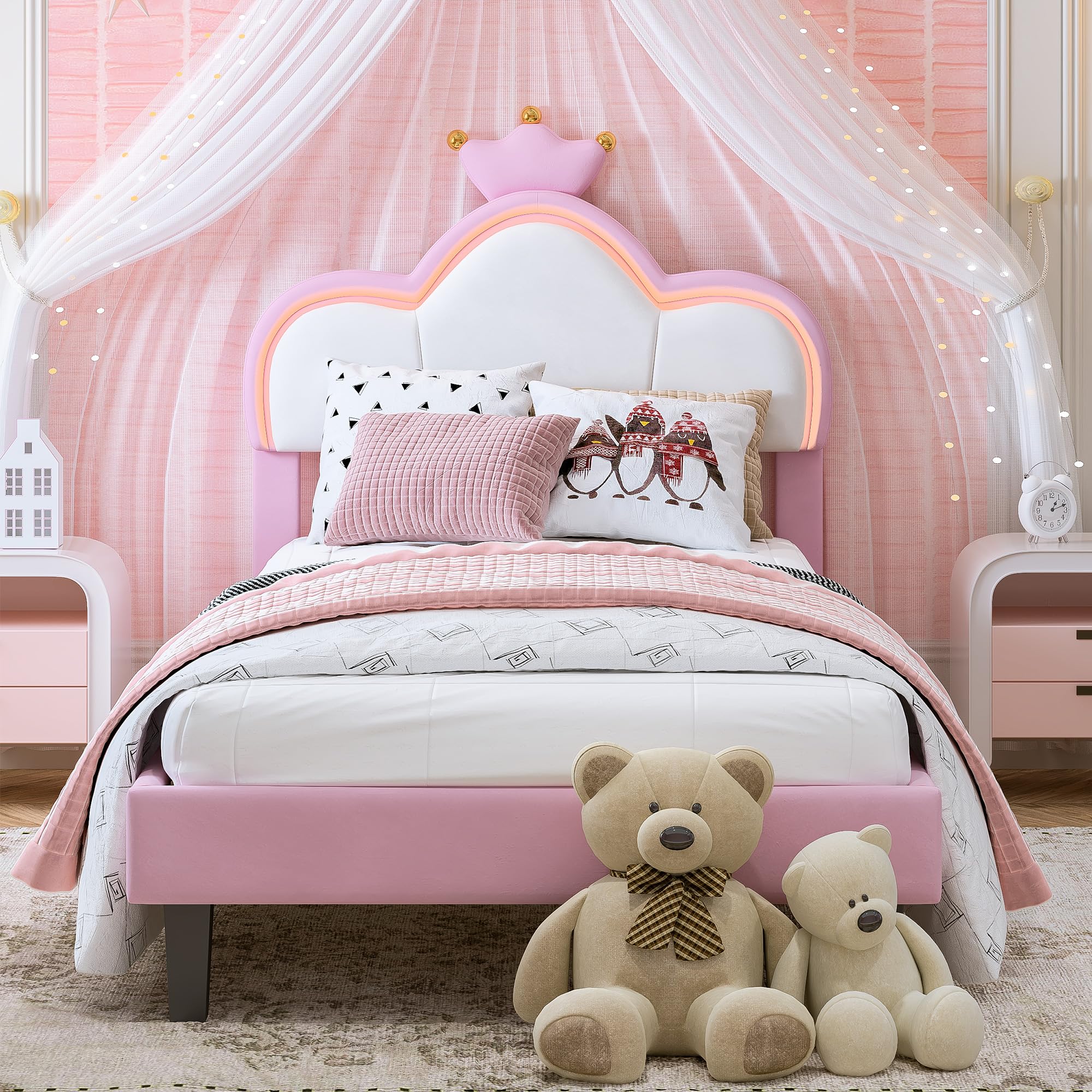 Letto singolo imbottito 90x200 cm per bambini, letto per bambine con illuminazione a LED e controllo tramite app, letto per bambini dal design a corona, testiera regolabile in altezza