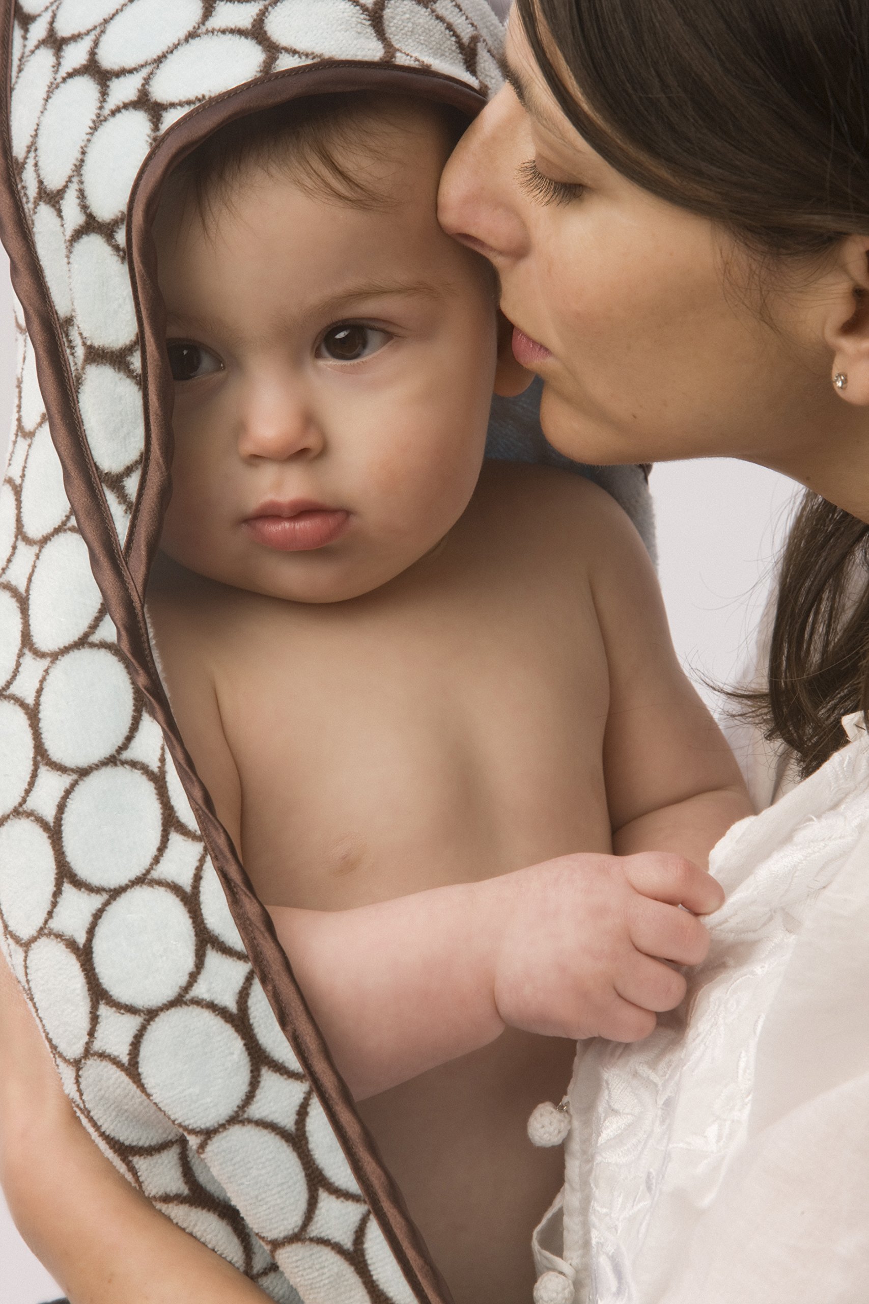 SwaddleDesigns Cotton Terry Velour Hooded Towel for Baby/Toddler, Absorbent with Satin Trim, Absorbent with Satin Trim, Brown Mod Circles on Pastel Blue