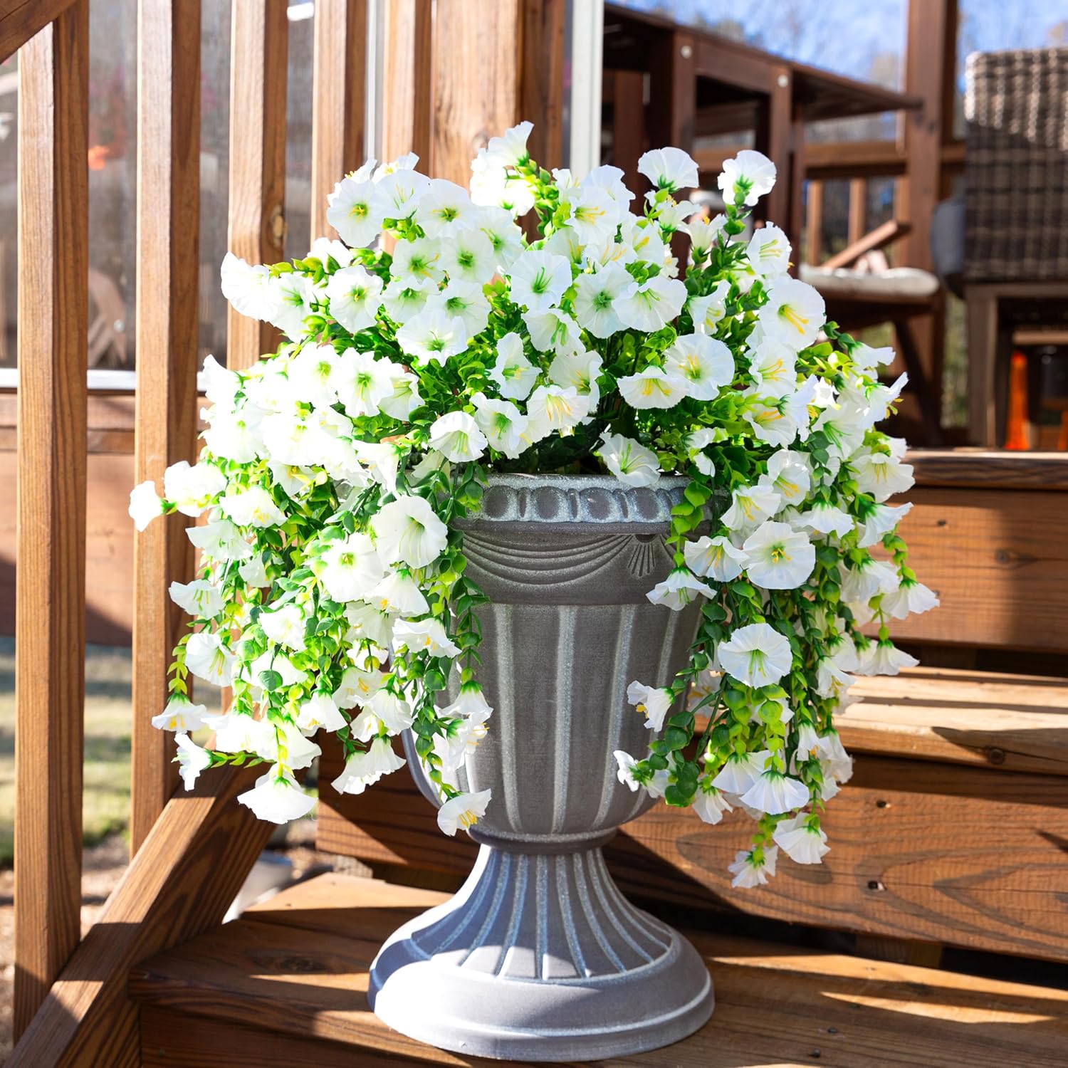 Ivydale 2 PCS Artificial Hanging Flowers Fake Plants for Winter Christmas Outdoor,Faux Silk White Morning Glory with Eucalyptus UV Resistant Realistic Hanging Petunias Vines for Home Garden Decor - Image 9