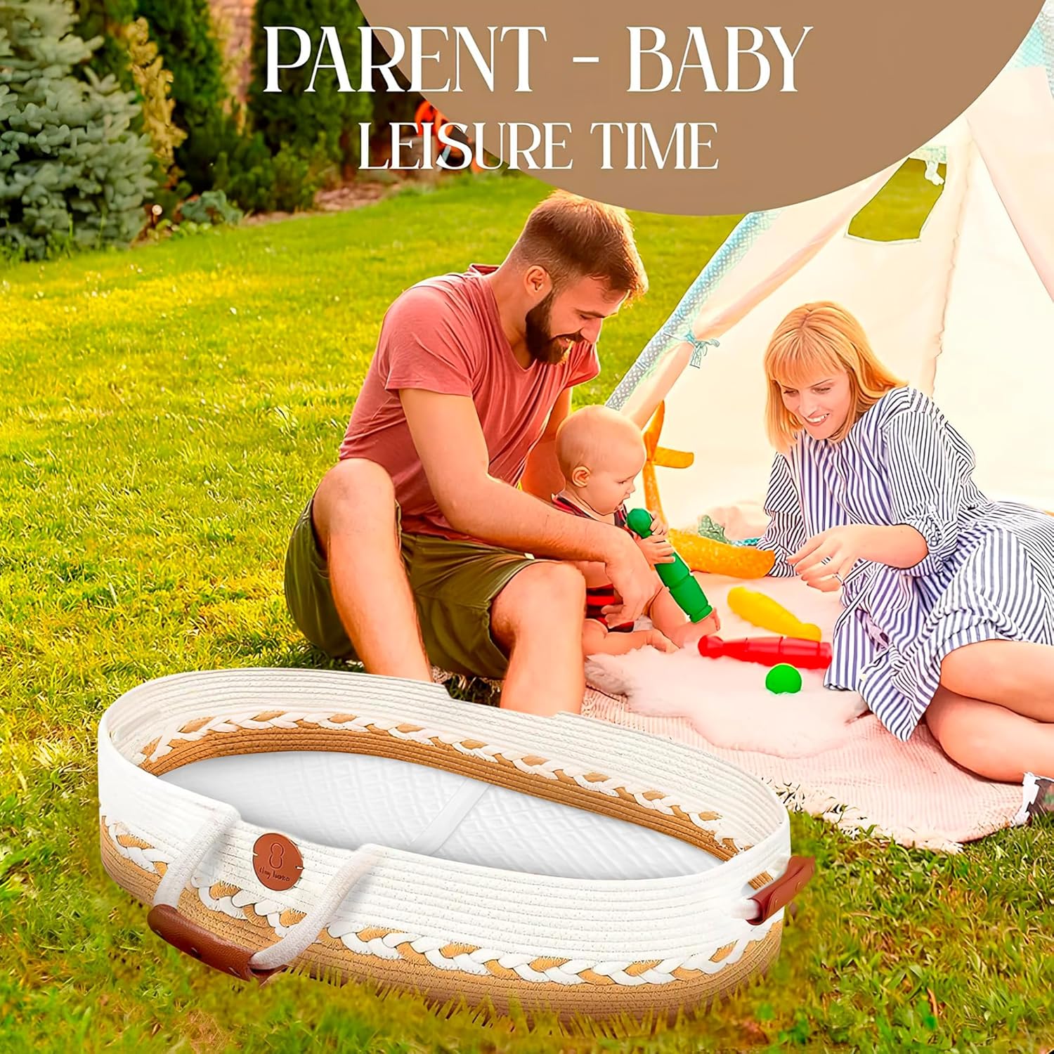 Moses Basket for Newborn Portable Baby Bassinet with Handles for Carrying, Cotton-Blend Rope, Beige and White, & Baby Changing Diaper Caddy Organizer, Nursery & Travel Essentials