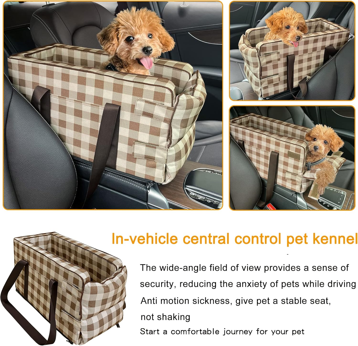 Pet Safety Booster Seat - Central Car Seat for Small Dogs & Cats | Removable & Washable Dog Travel Bed Bag | Adjustable Straps | Fits Car Console Armrests - Khaki