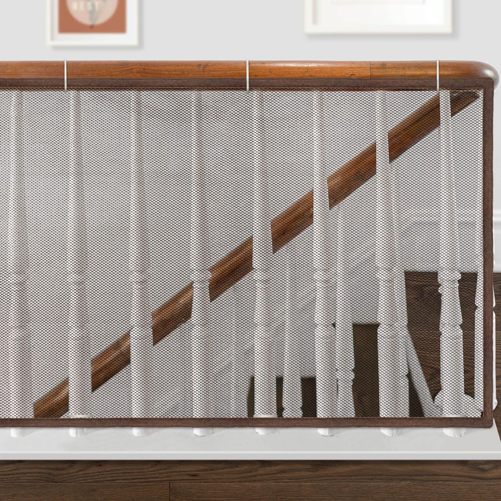 Indoor Outdoor Baby Safety Stair Railing Net 6.6ft x 2.6ft Baby Proofing Stair Balcony Banister Rail Guard Child Safety Stair Protection Safe Rail, Brown