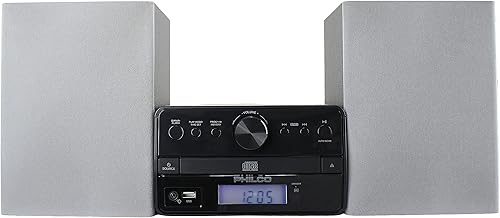 Philco Reproductor de CD de carga de bandeja de sistemas de estante estéreo con radio FM digital, transmisión Bluetooth, control remoto en plata,