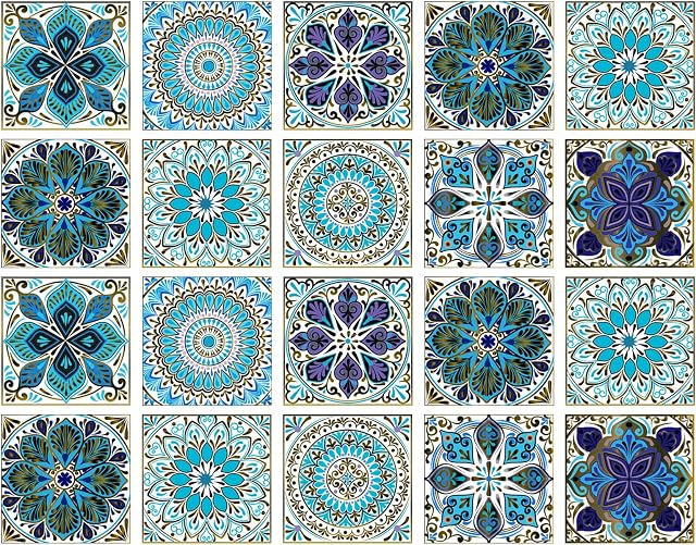 Hanunalir 20 Pcs Tile Stickers 15x15cm Blue Wall Tile Sticker Moroccan Style Tile Film Waterproof Wall Stickers Self-Adhesive Mosaic Floor Tiles Sticker for Kitchen Bathroom Table Stair Decoration (A)