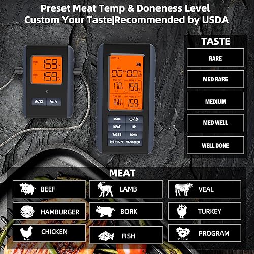 Miniatura 4 de Termómetro remoto inalámbrico para carne, termómetro inalámbrico Vauno para asar y ahumar con sonda de carne dual, temporizador de cocina,