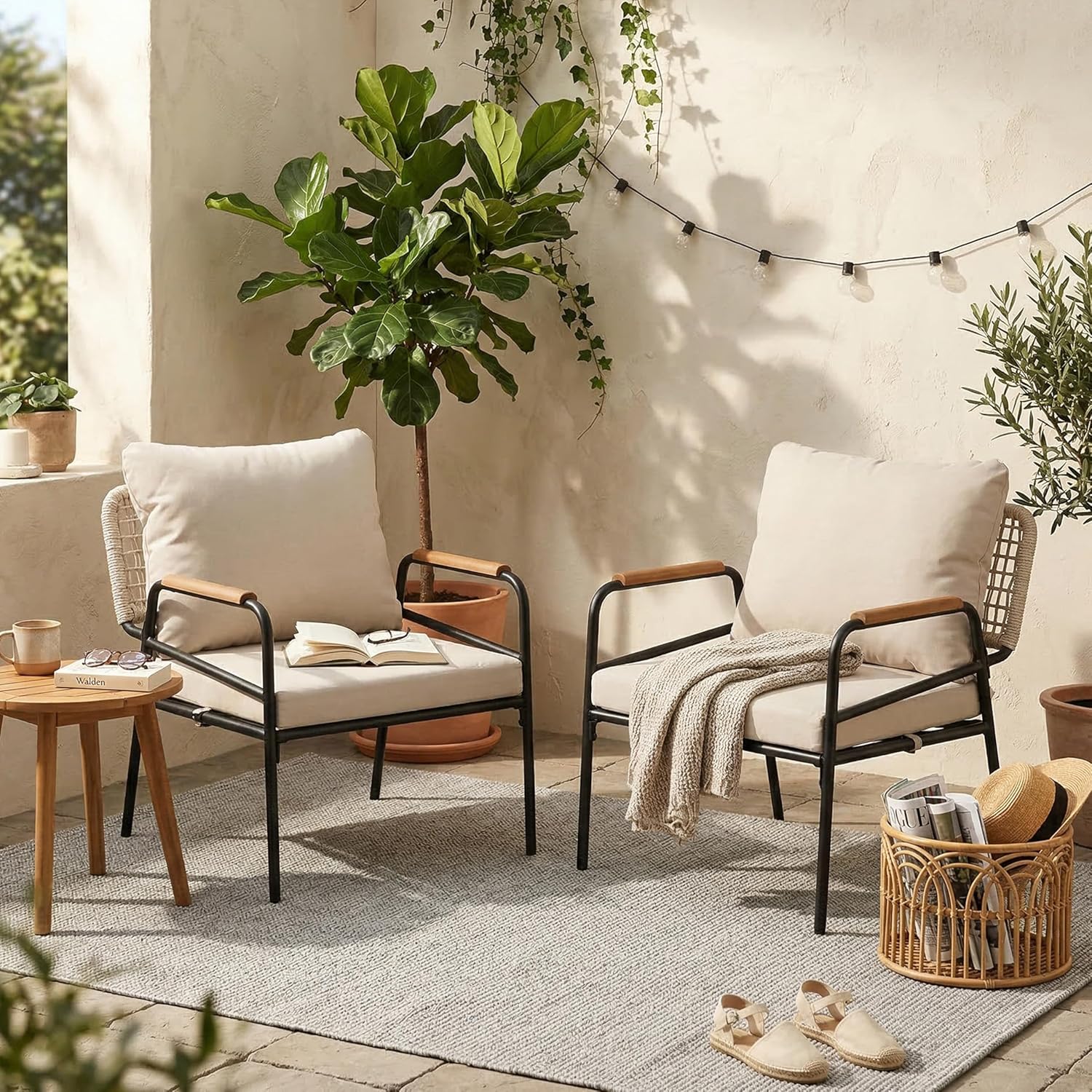 Modern Outdoor Lounge Chairs Set of 2, All-Weather Patio Accent Chairs with Thick Cushions & Durable Metal Frame for Backyard Seating, Balcony, Garden & Outdoor Living, Beige