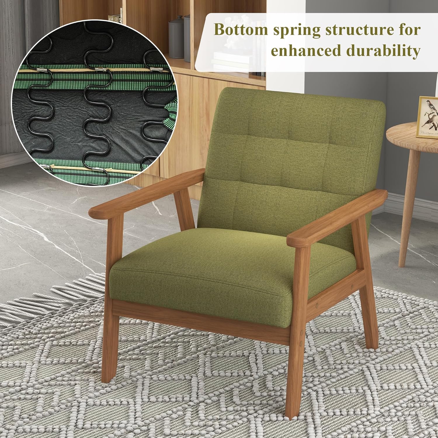 Accent Chair 1PC, Mid-Century Modern Living Room Chairs with Solid Wood Frame & Soft Thicken Cushion, Upholstered Arm Reading Chair for Bedroom, Balcony, Green Linen Fabric & Natural Legs