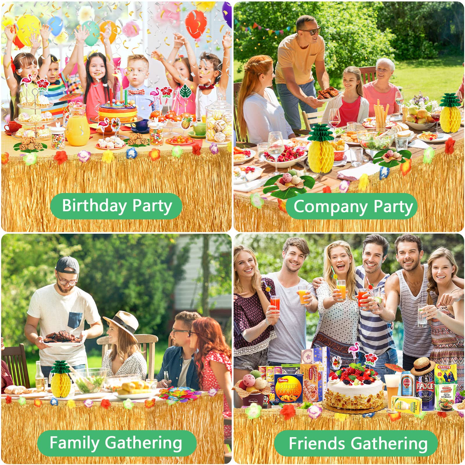 128 Pezzi Gonna Tavolo Hawaiana Tovaglia da Tavolo Set, Foglie di Palma Fiori Hawaiani Cake Topper per Il Partito Luau Hawaiano Decorazioni da Tavola