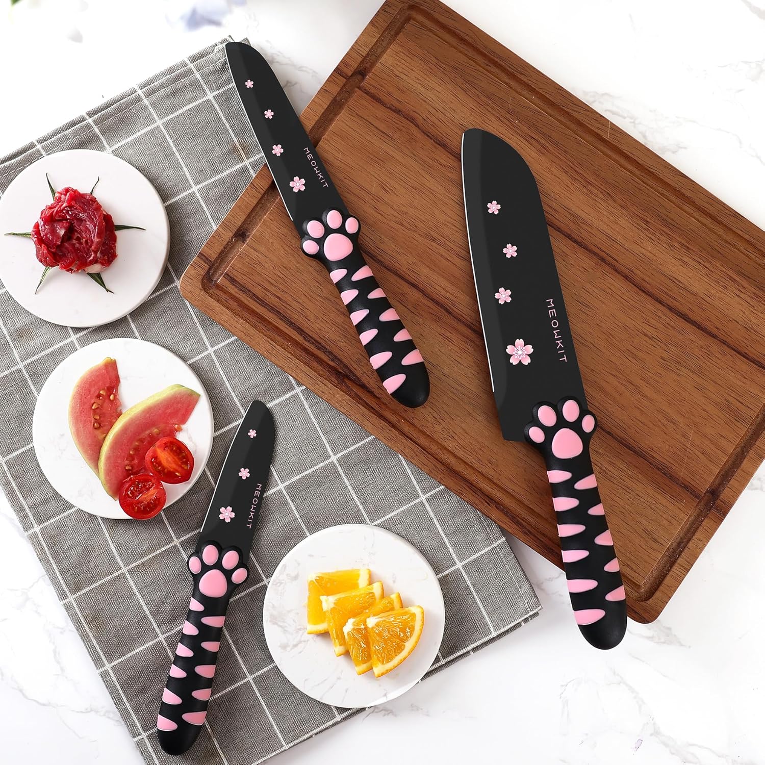 Cute Kitchen Knife Set, Dishwasher Safe, 5 pieces Non-Stick Knives,Sharp for Chopping, Slicing, Dicing and Cutting, Cat Paw Handle