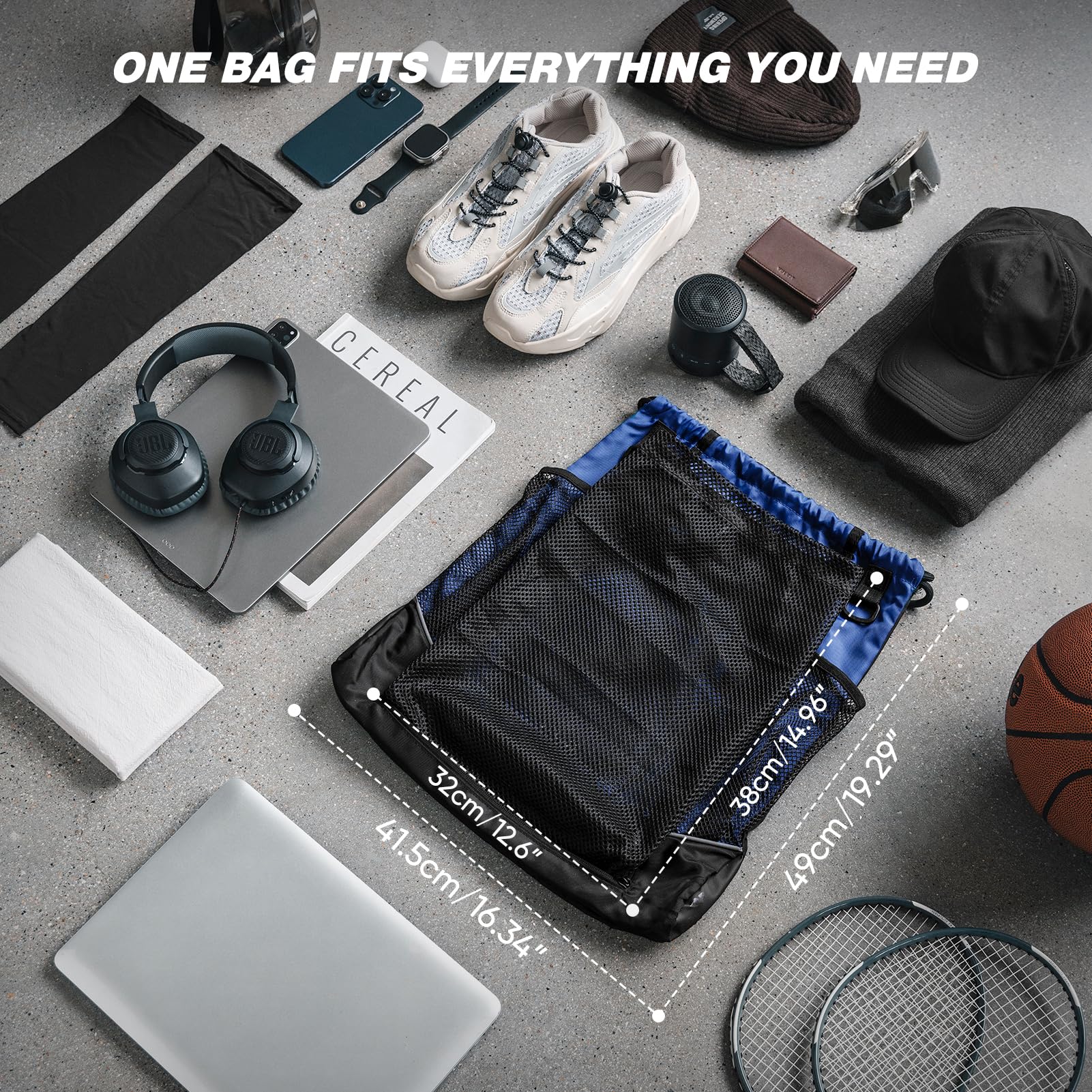 VULKIT Sac à dos avec cordon de serrage, sac de sport pour homme et femme avec grande poche avant en maille pour équipement de basket-ball, de football, sac de natation