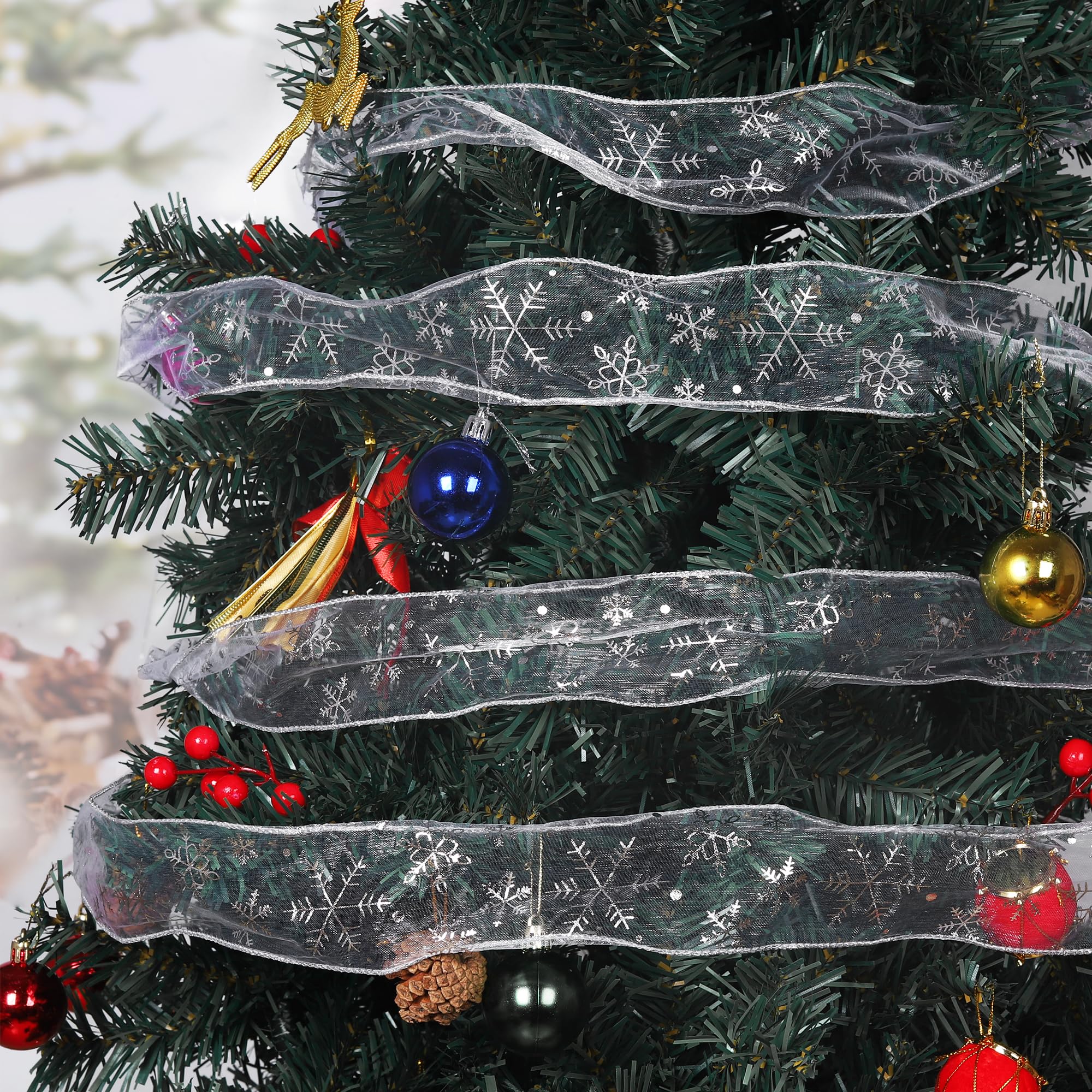 Christmas Ribbon,2.5 Inch x 11 Yards White Organza Ribbon,Glitter Snowflake Wired Ribbon for Christmas Tree Decoration, Gift Wrapping,DIY Crafts,Home Wedding Party Decoration - Image 4
