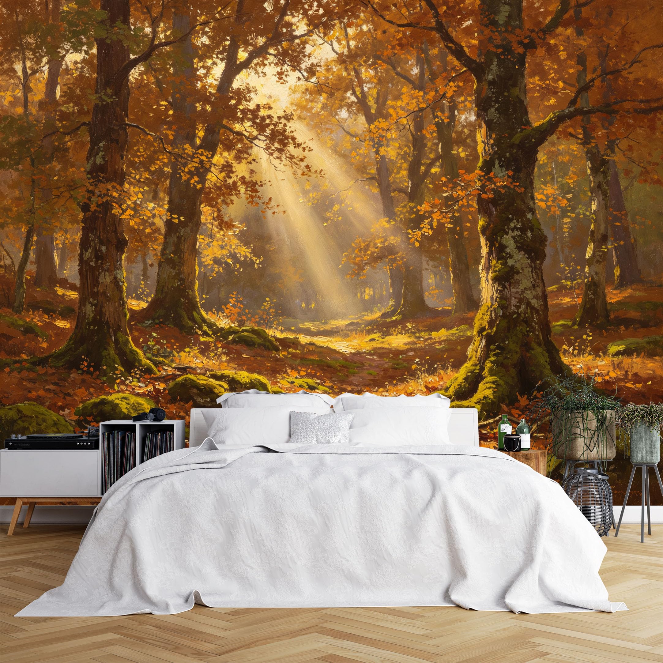 Custom Size Wall Murals Autumn Forest with Sunlight and Mossy Trees Wallpaper, Realistic Self-Adhesive Removable Wallpaper for Living Room, Bedroom