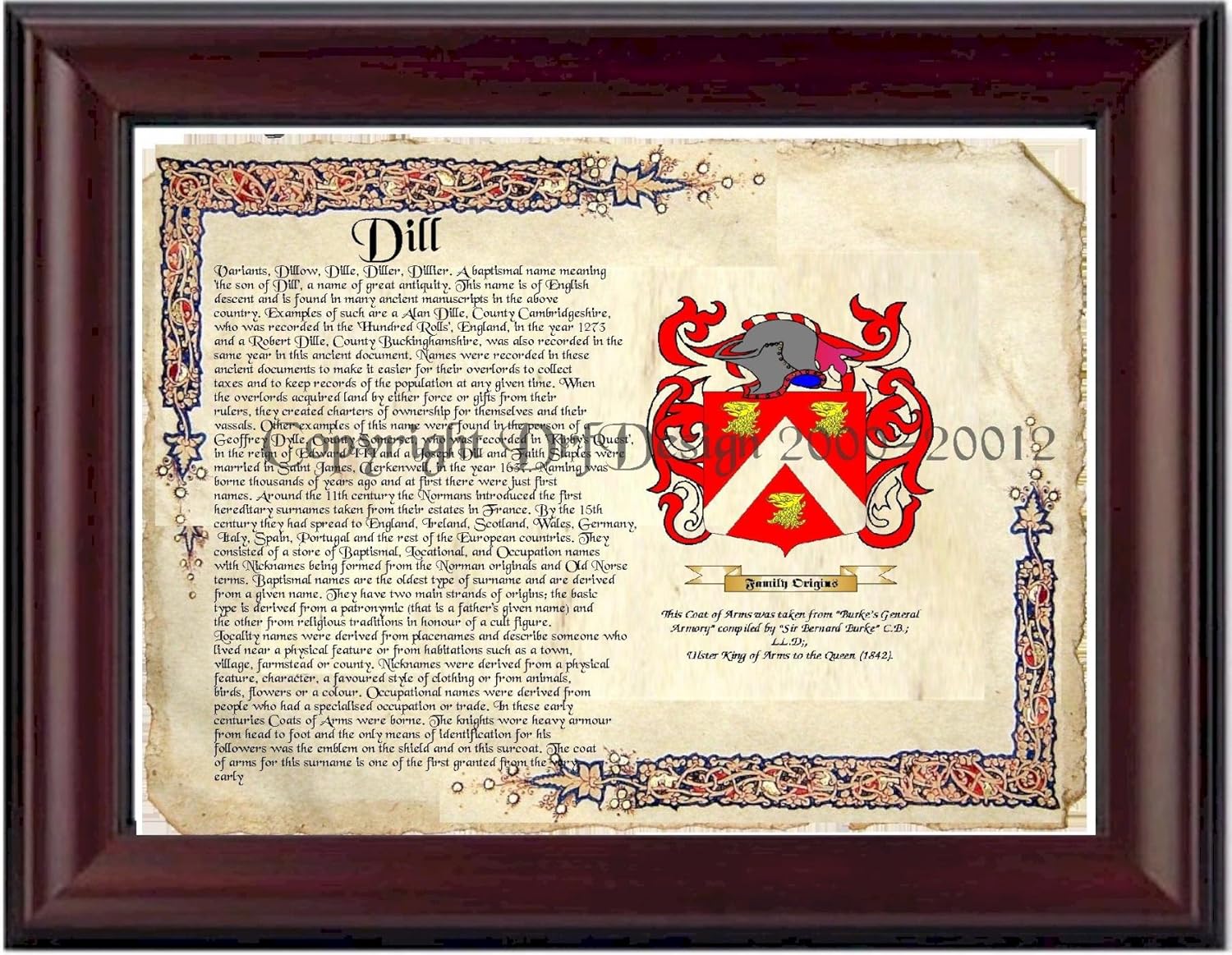 Dill Coat of Arms/ Family Crest on Fine Paper and Family