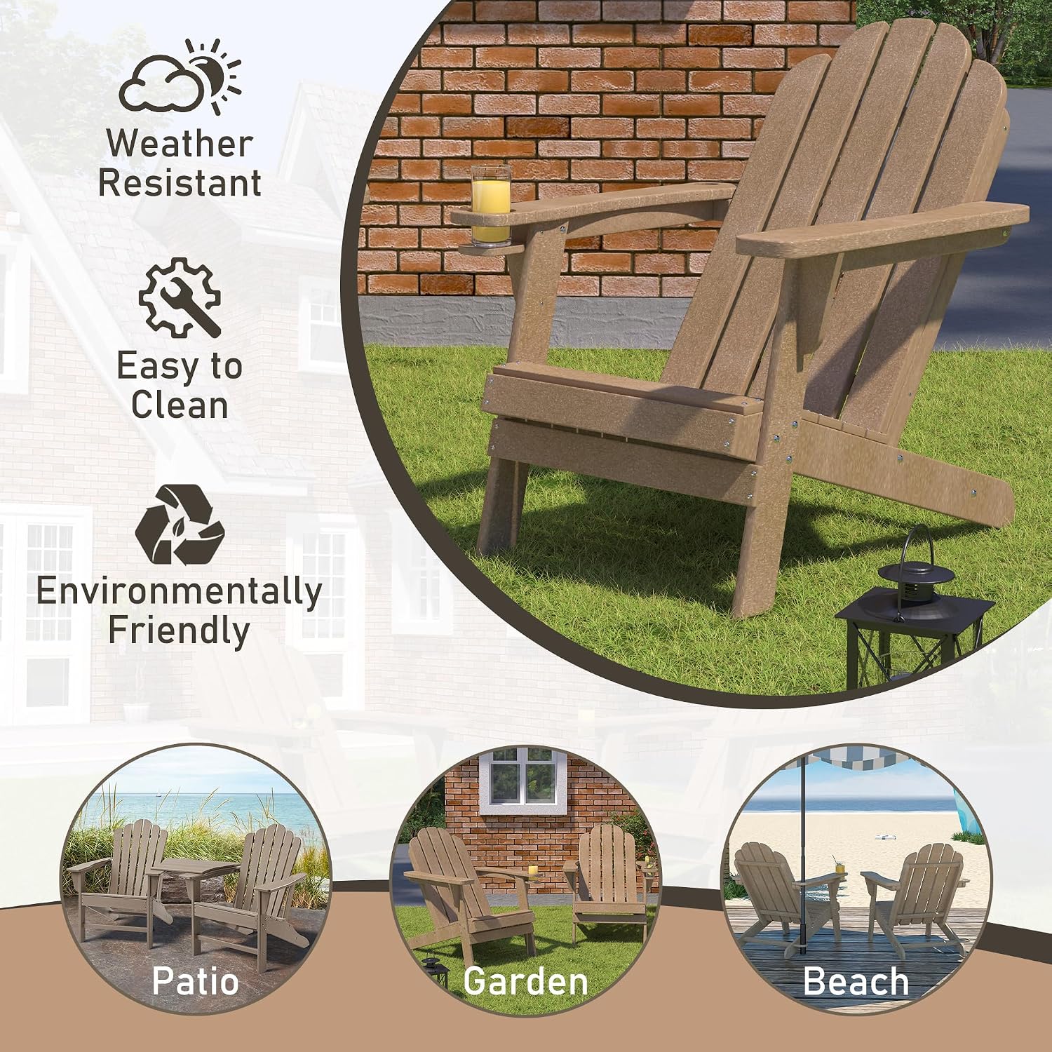 MONDAWE Adirondack Chair Weather Resistant,Plastic Patio Chairs with Cup Holder & Umbrella Hole,Wood Texture Fire Pit Chair w/ 300lb Weight Capacity,Gray Brown