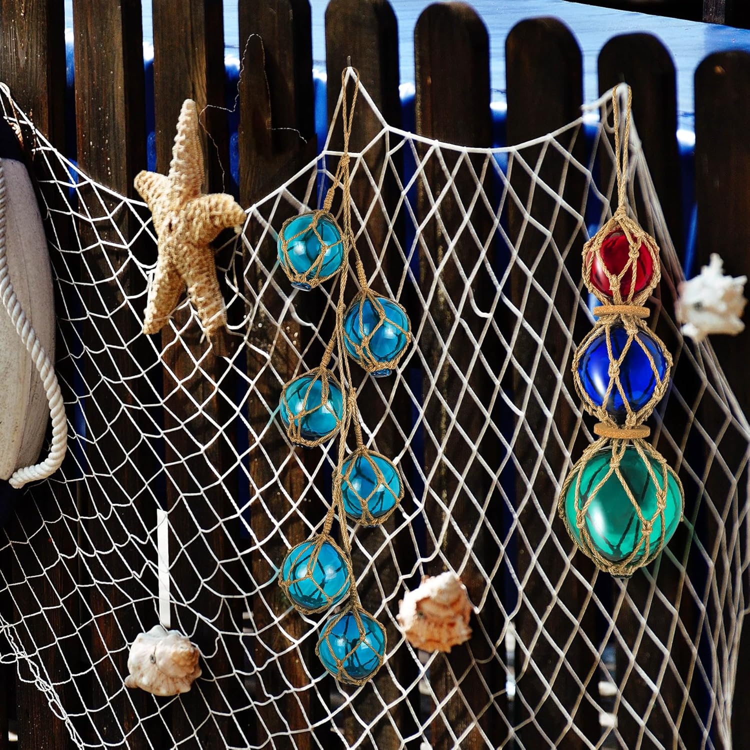 SAILINGSTORY Glass Fishing Float String of 6 Buoy Balls Summer Decor Nautical Coastal Beach Ornaments for Christmas Tree 3" Blue