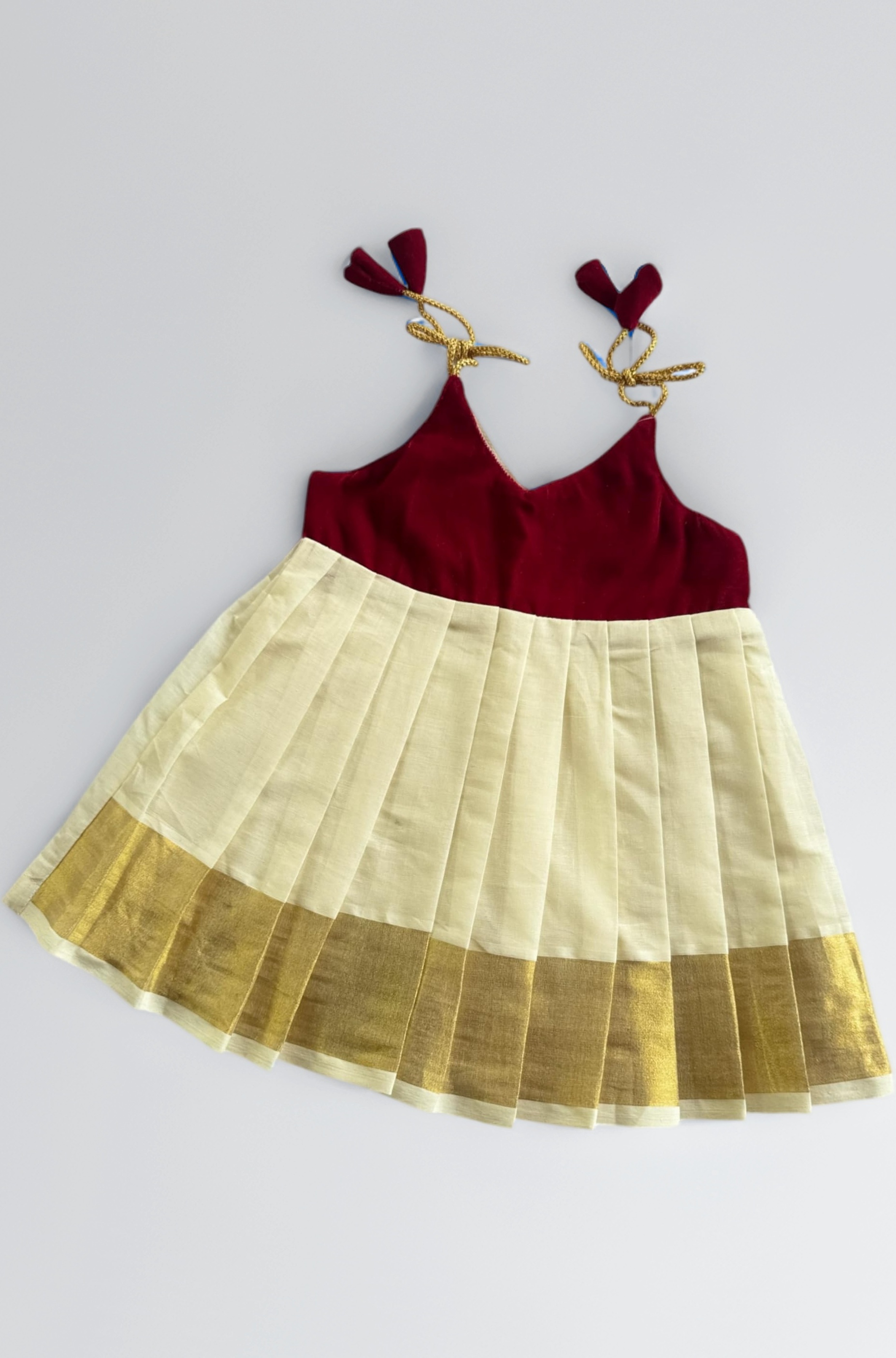 Newborn Baby Girl Kasavu Dress/Kerala Kasavu Traditional Frock/Onam-Vishu Dress (Velvet, Shoulder-Knot)