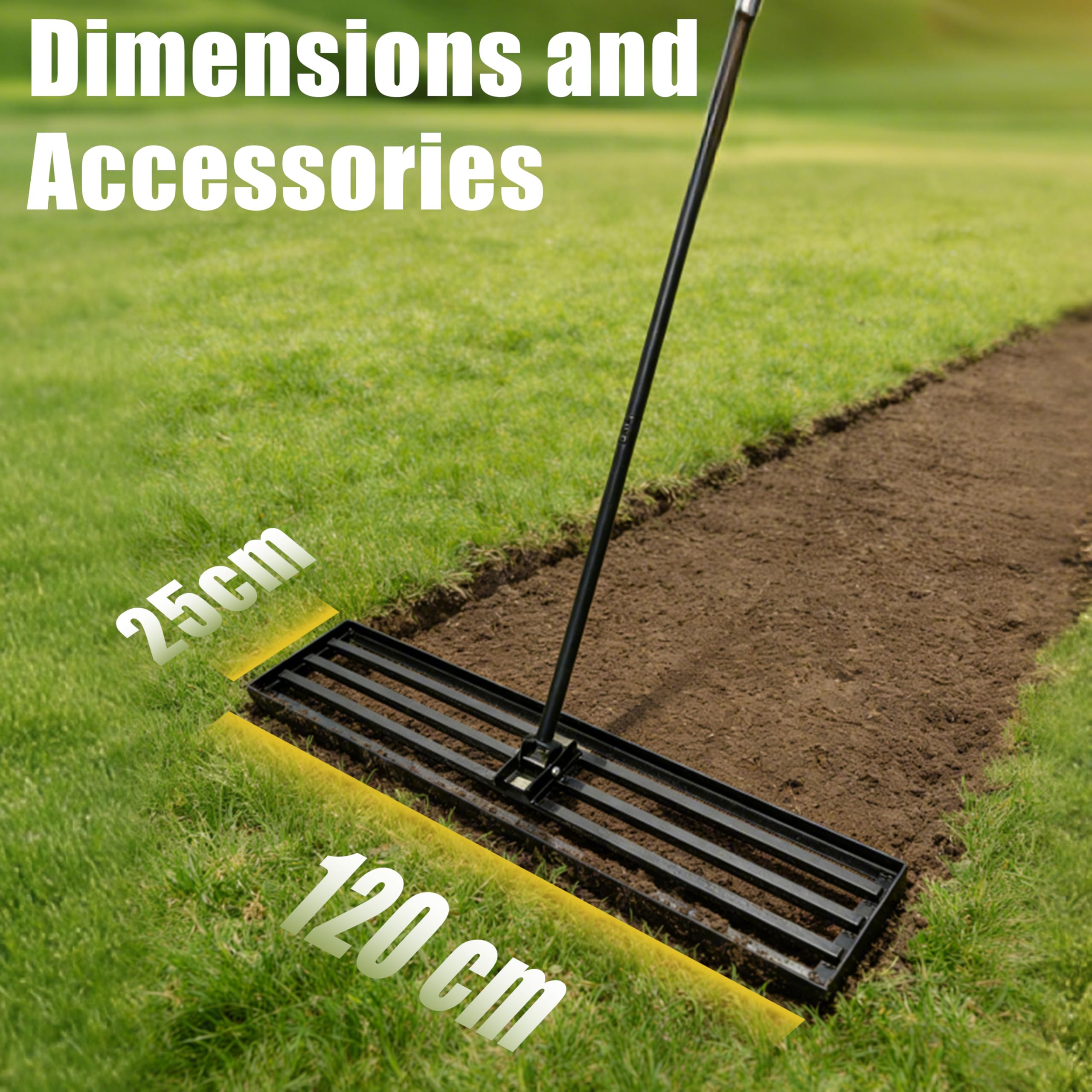 Rasenrakel 120cmx25cm, Schwerer Nivellierrechen mit Ergonomischem Gebogenem Griff, Rasenrechen für Erde, Kies, Dünger, Ideal für Garten, Hof und Golfplatz (185cm)