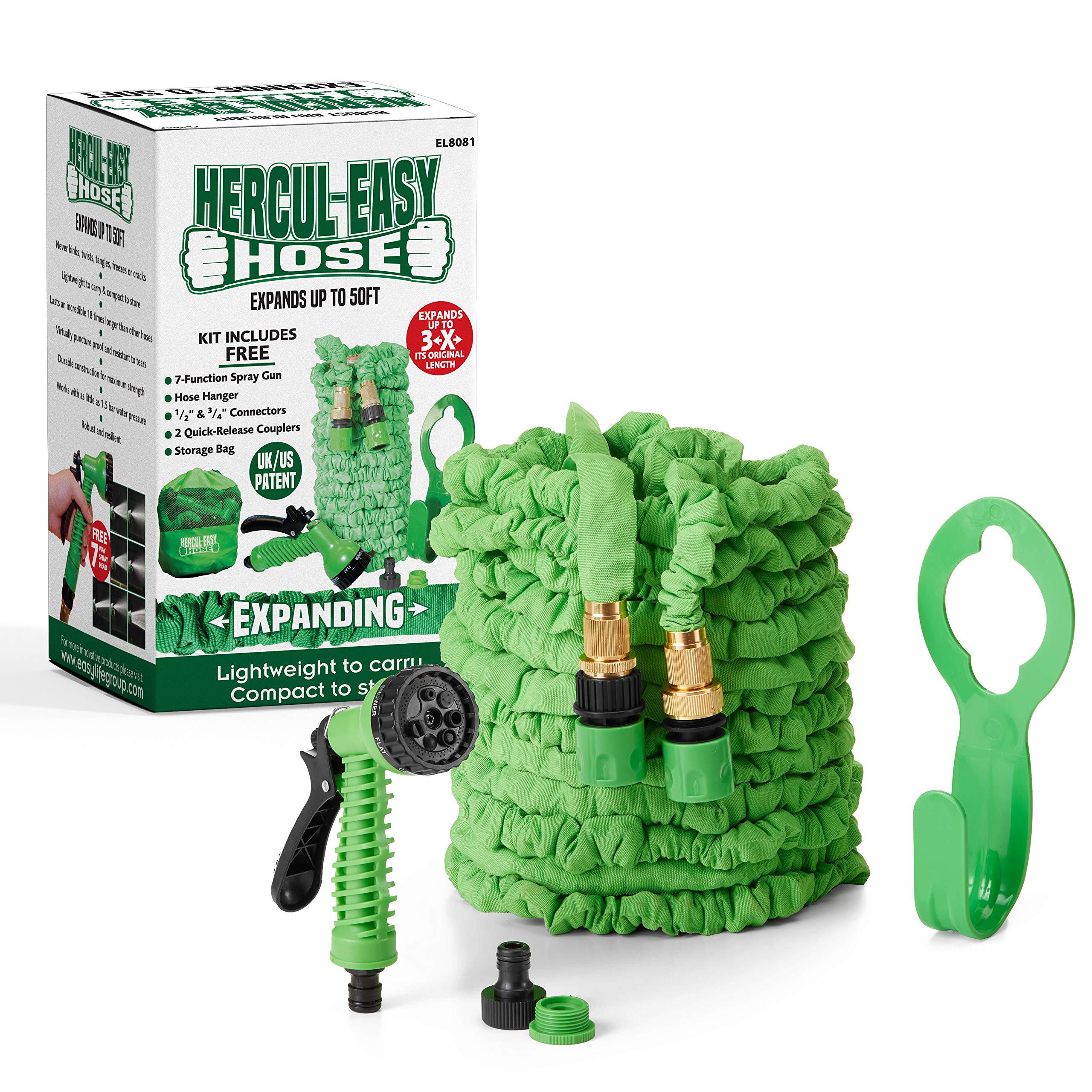 Expandable 50ft Garden Hose Set – Flexible Hose with 7 Way Spray Gun - Aluminium & Brass Connectors, Hose Holder & Tap Connectors - Water Pipe with Free Storage Bag, 50ft, Green