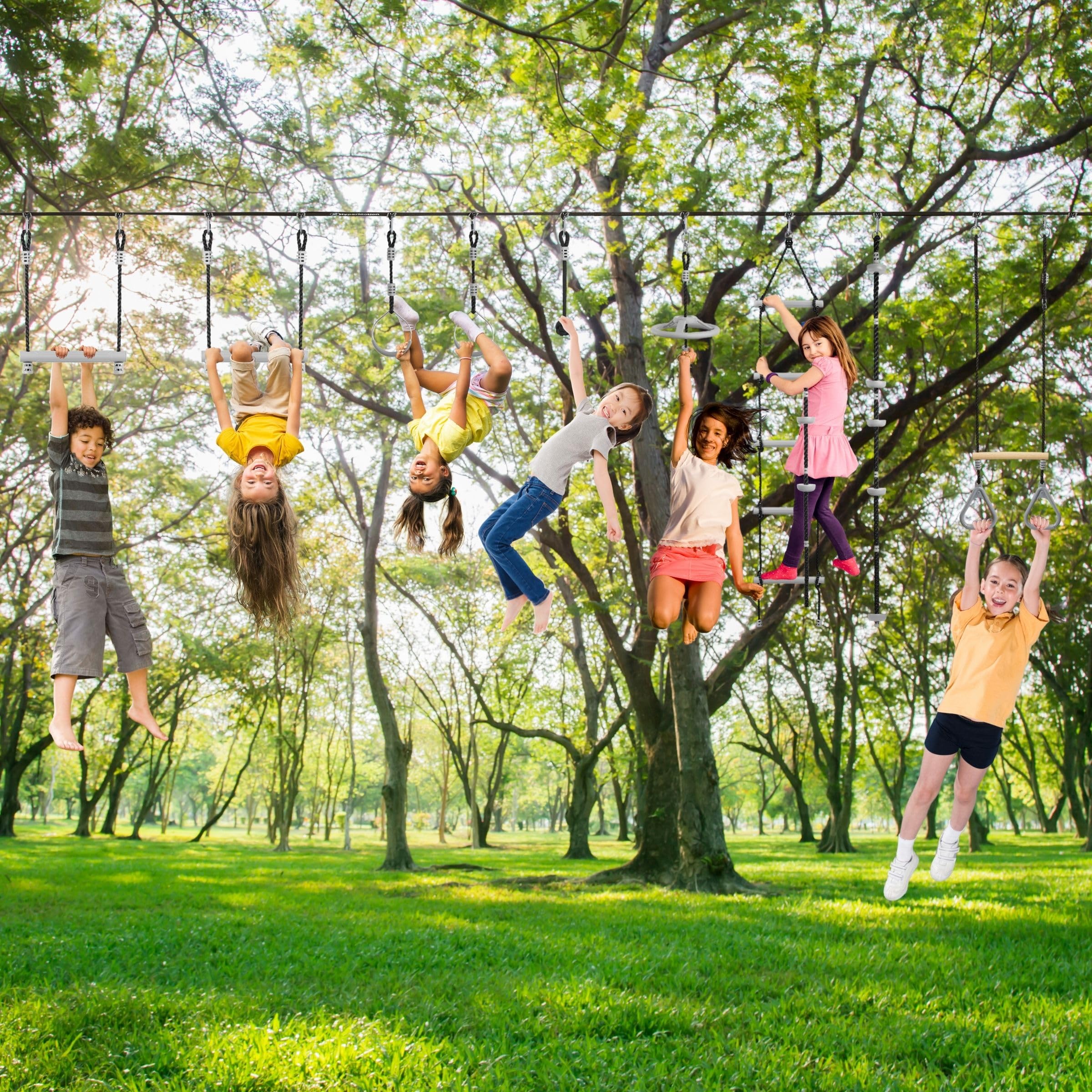 HyperMotion Percorso Ostacoli Bambini Set Ninja con 9 Attrezzi - Kit Slackline con Ruote, Aste e Scala per Allenamento - Resistente fino a 113 kg - Attrezzatura Giardino per Famiglia